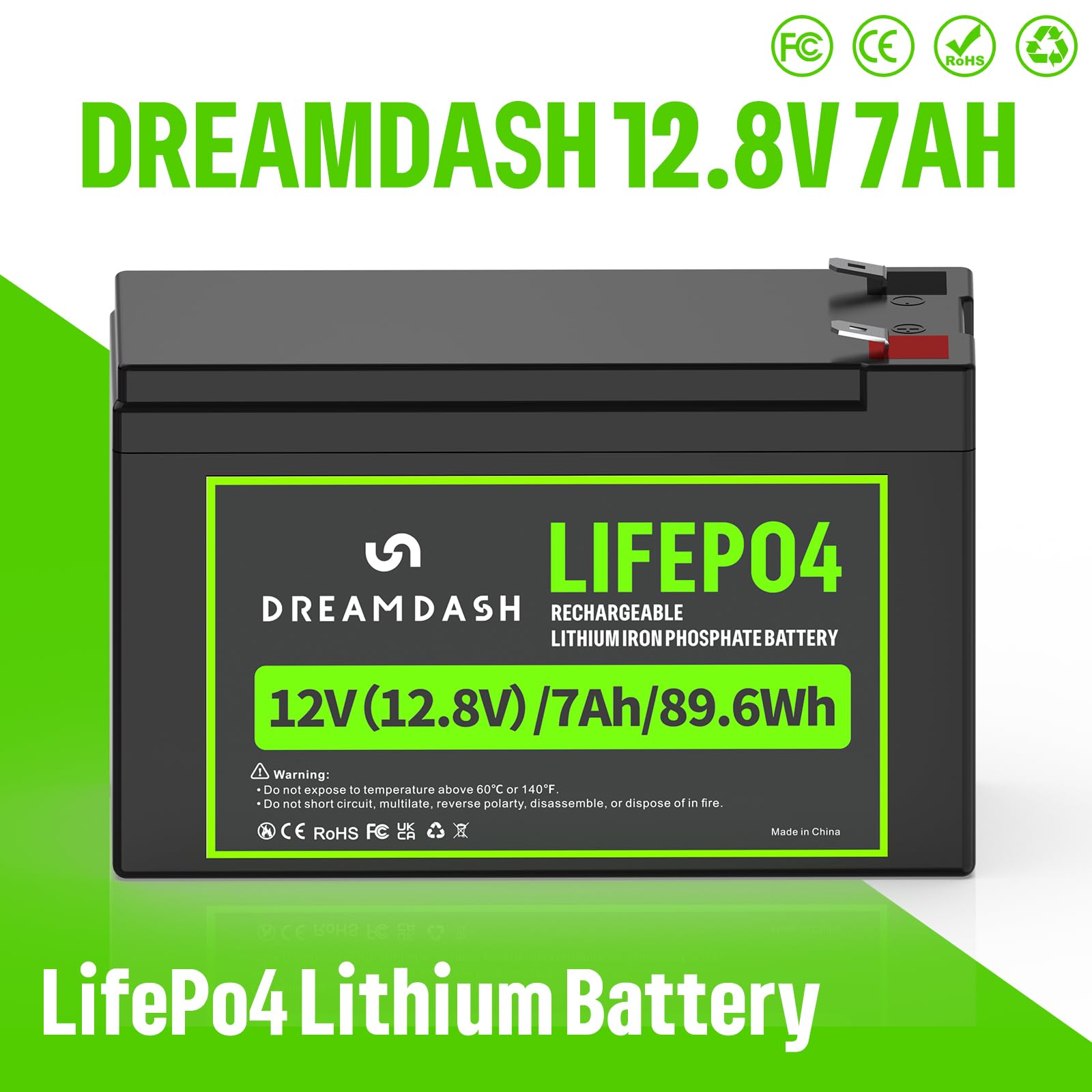 Batterie 12V 7Ah Lifepo4 Rechargeable Lithium, 3000+ cycles à 80% DOD, fonctionne de -20 ℃ à 60 ℃, IP55 pour Voiture pour Enfants, UPS, Système Solaire éolien, E-bike, éclairage, Scooter