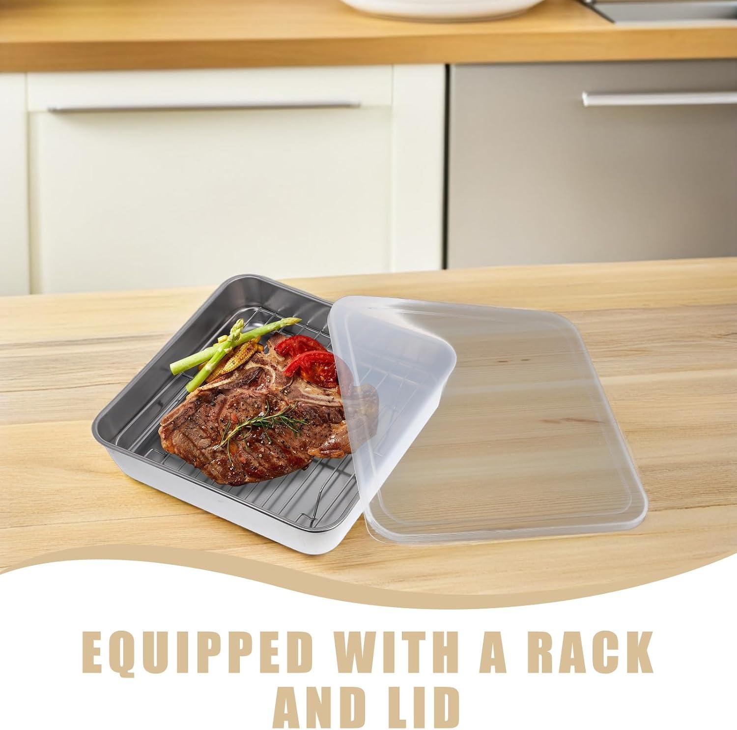 Rectangular Stainless Steel Roasting Pan with Cooling Rack and Lid, 20x20x5cm Oven-safe Grill Basket for Baking Meat, Vegetable Bbq, and Freezer Storage