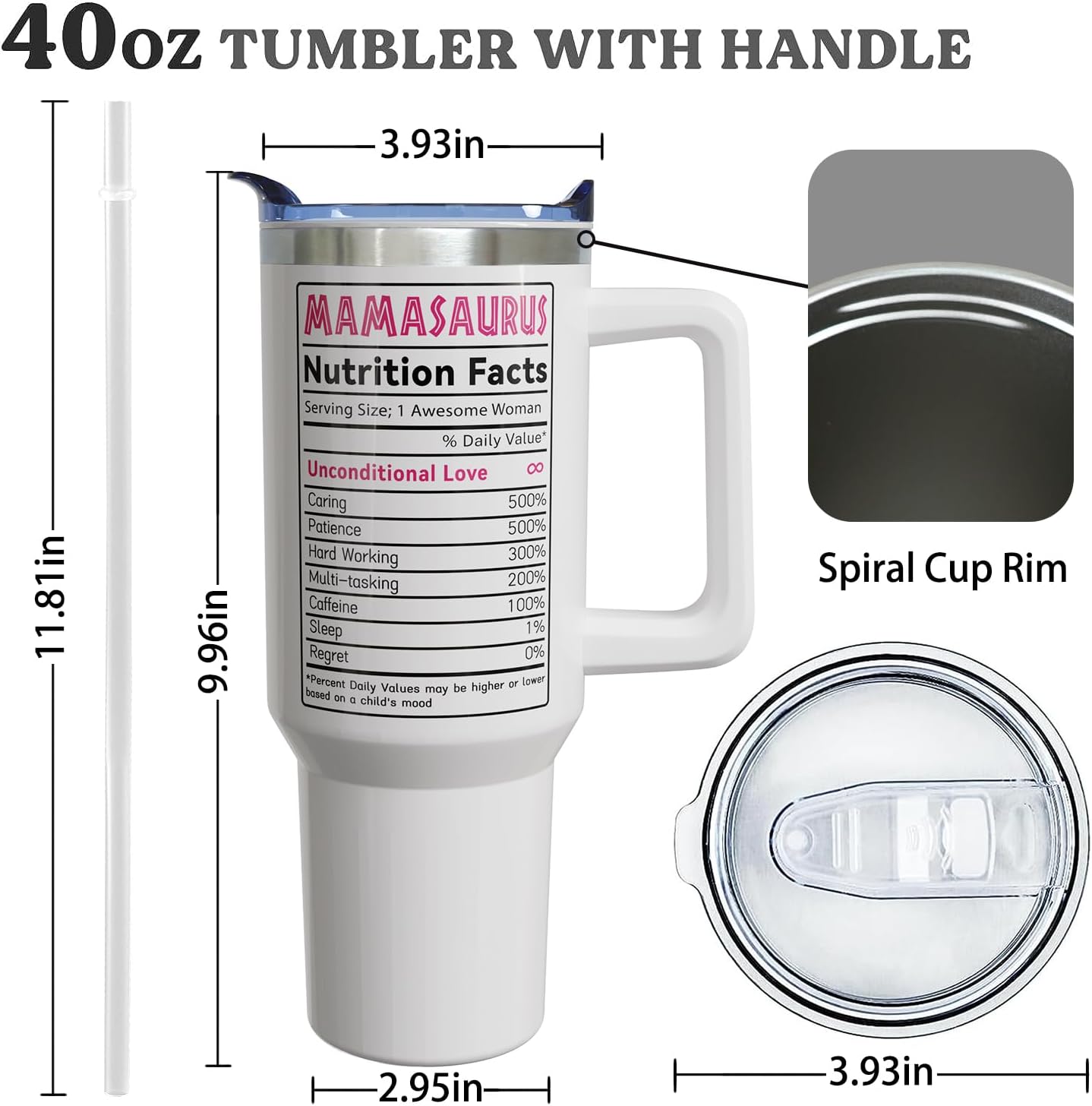 40oz Mom Tumbler with Handle Mamasaurus cup, Mom Gifts from Daughter/Son,Mama Birthday gifts, Mother's Day Gift for Mama， Best Mother In Law Gift,Mother Coffee cup Stainless Steel Travel Mugs - Image 3