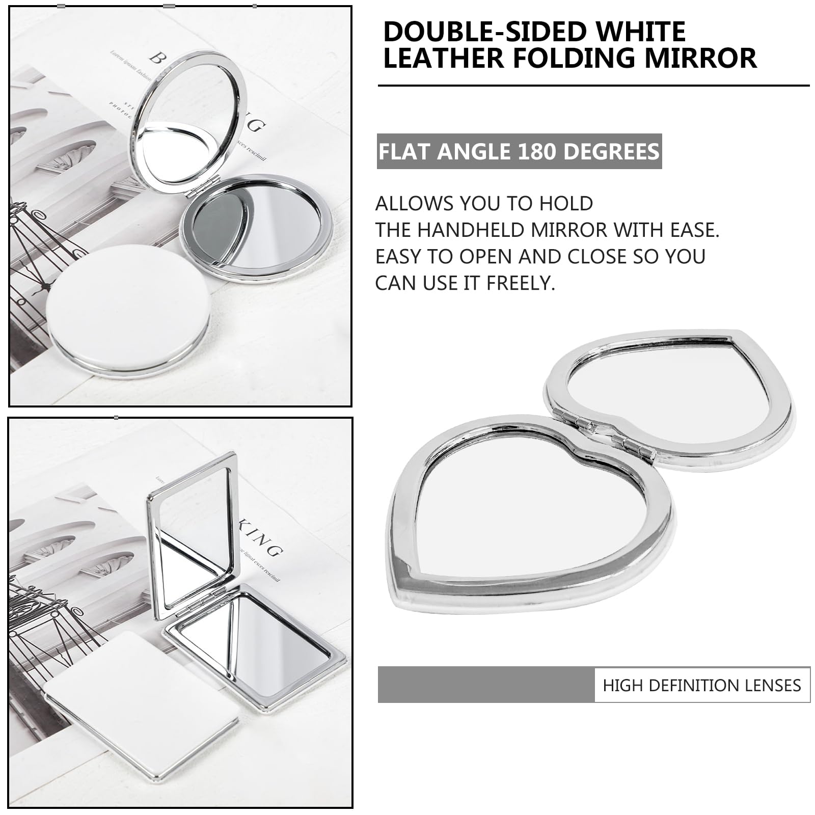 2 Pezzi Specchio Compatto de Borse PU,Mini Specchio Trucco Doppio Pieghevole per Viaggio,73MM/80MM (bianco)