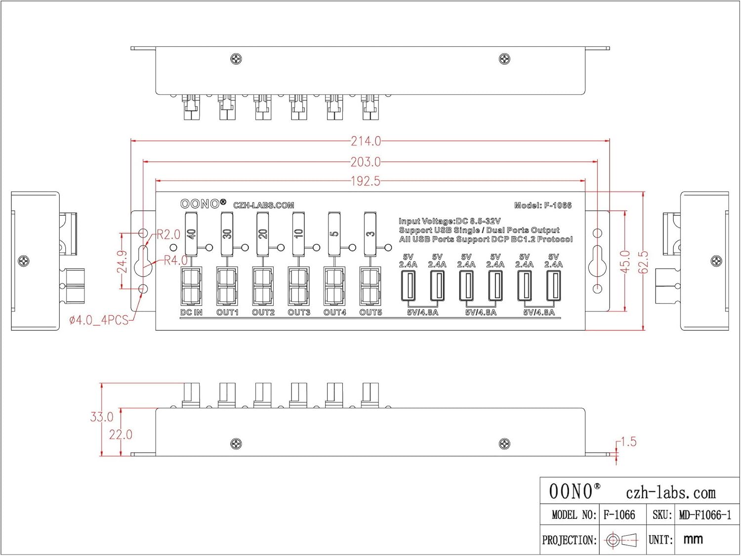 40Amp DC Power Splitter Distribution Module, 5 Power Pole Ports and 6 USB Ports Output
