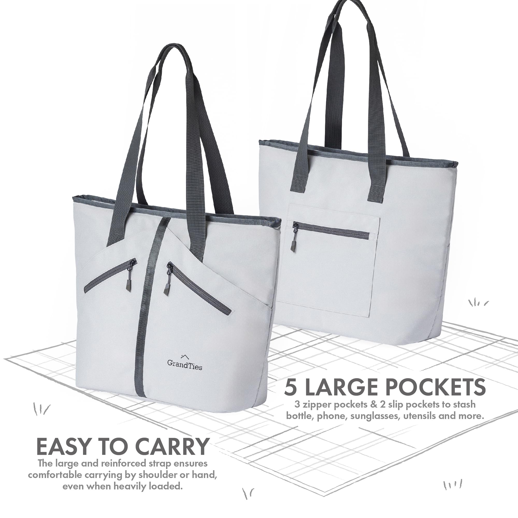 GrandTies Borsa termica termica per 30 lattine, grande capacità, durevole, con cerniera, a prova di perdite, per la spesa, pranzo, picnic, viaggi