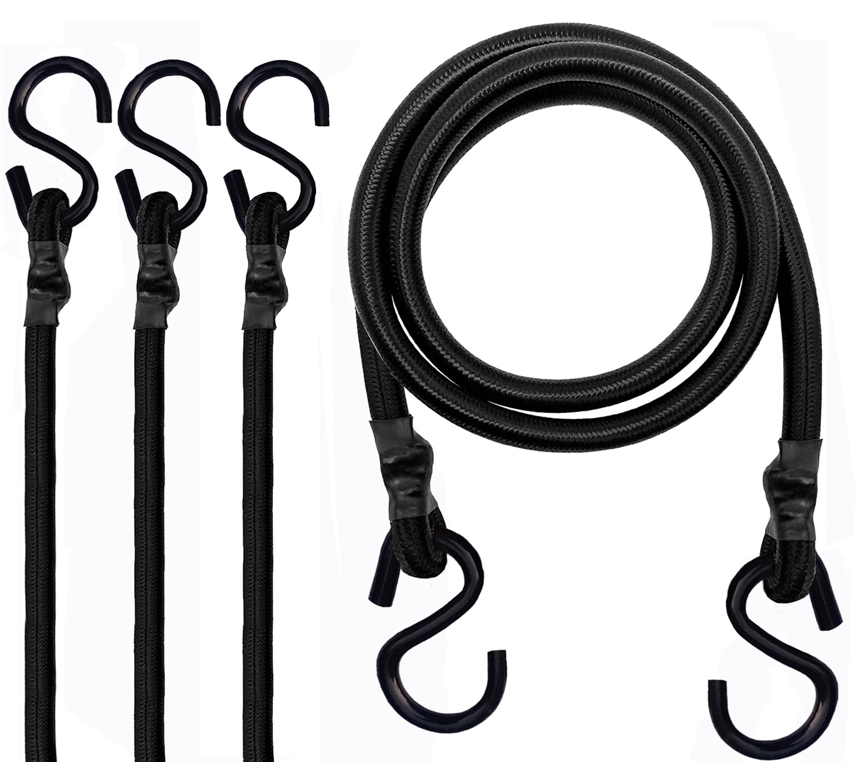 Versal Black, White 6Ft & 3Ft Long Heavy Duty Elastic Bungee Straps, 72-Inch/36-Inch Long Luggage Rope Tie Downs Cable Bungee Cords With Hooks For Camping, Tarps, Bike,Cars,Roof Racks,Tent Transport Locking