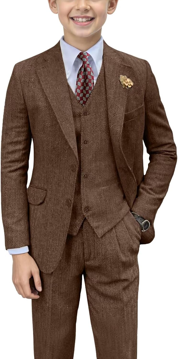 Retro Herringbone Tweed Boys Suit Slim Fit 3 Piece Formal Suits for Kids Wedding Dress Tuxedos Blazer Vest Pants Suits Set