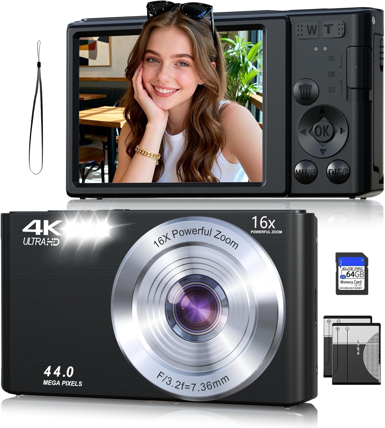 4K Digital Camera, 44MP FHD Compact Camera with Auto Focus, 16X Digital Zoom, 2.8 Inch LCD Screen, Portable Mini Camera with 64GB Card & 2 Batteries for Beginners Teens