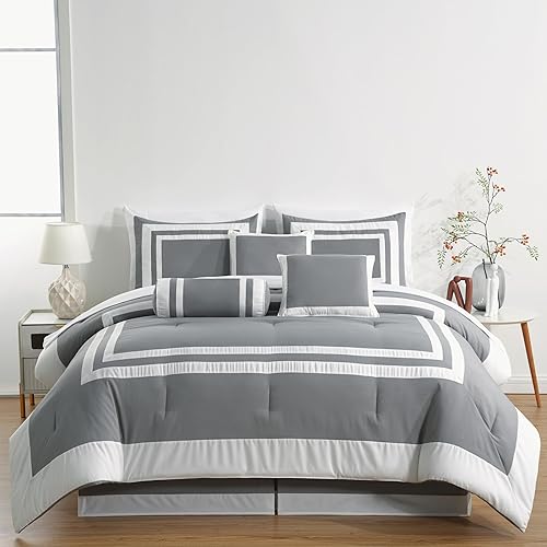 Miniatura 3 de Chezmoi Collection Caprice - Juego de edredón con patrón cuadrado estilo hotelero, juego de 7 piezas