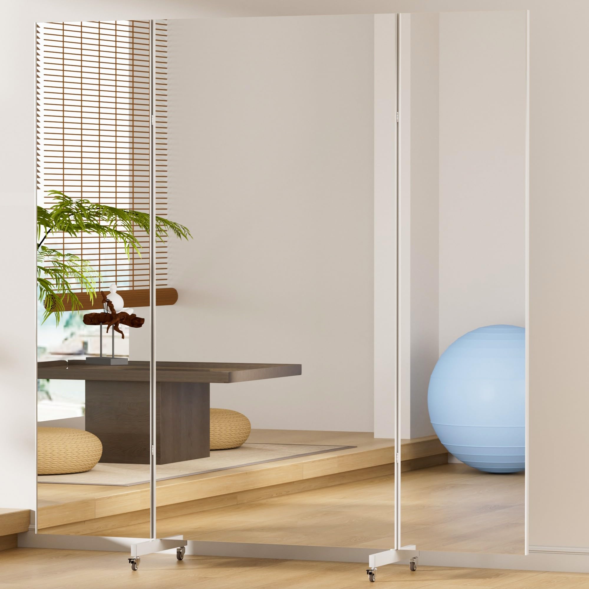 Photo 1 of Brisafe 81" x 95" Extra Large Full Length Tri-Fold Mirror on Wheels, Stand Up Movable Floor Mirror with Stand, 3-Way Folding Standing Mirror for Gym, Dance Studio, Fitness Room & Home, Silver