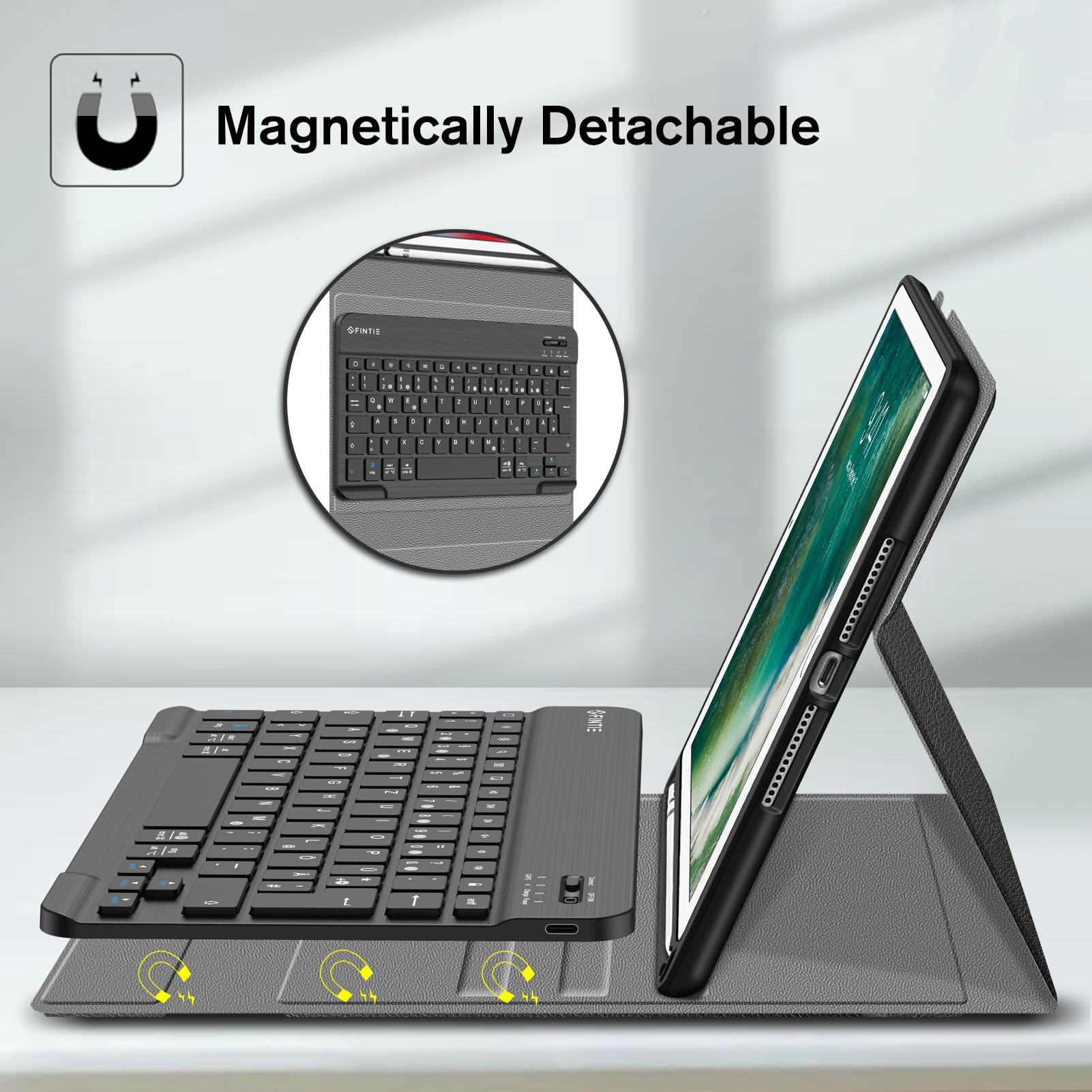 FINTIE Tastatur Hülle für iPad 9.7 2018 (6. Generation), Soft TPU Rückseite Gehäuse Keyboard Case mit eingebautem Pencil Halter, magnetisch Abnehmbarer QWERTZ Bluetooth Tastatur, Schwarz