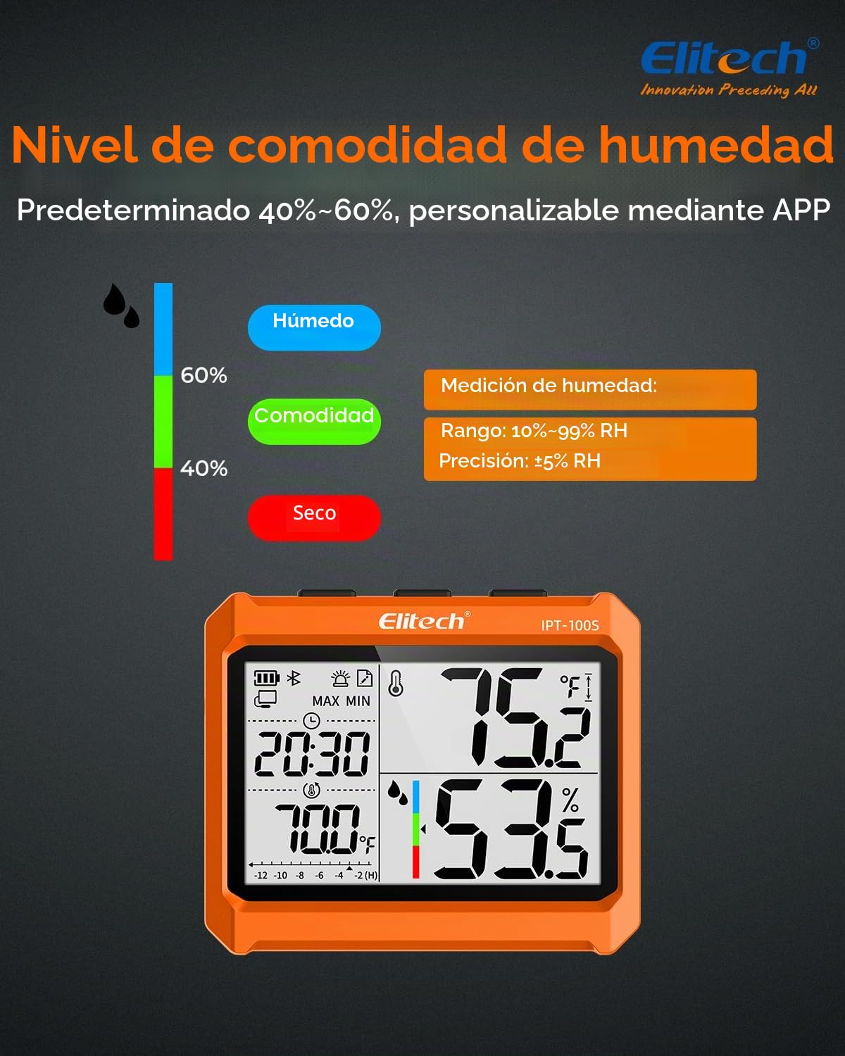 Elitech Termómetro Higrómetro Digital Bluetooth Refrigerador con Aplicación Monitor de Temperatura y Humedad en Tiempo Real con Pantalla de 4,5" Exportación de datos PDF&CSV Sonda Externa IPT-100S