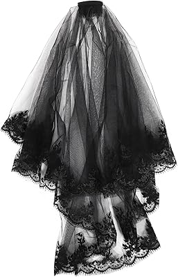 minkissy Girls Headbands Black Wedding Dress Black Lace Wedding Veil, 2 Tier Cathedral Short Wedding Bridal Veil with Comb for Brides Veil Evening Prom Costume Accessory Womens Headbands Wedding Veil