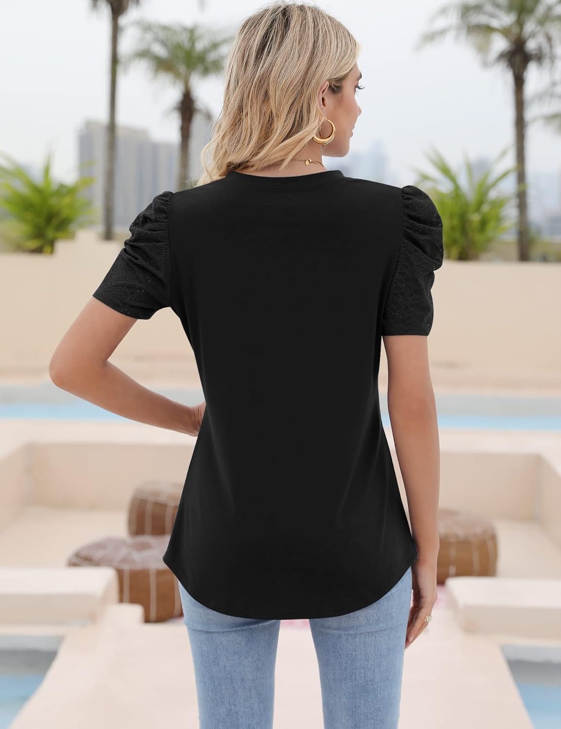 Ivicoer Puff Short Sleeve Shirt for Women Eyelet Tops Summer Crewneck Blouse Loose Fit S-XXL - Image 5