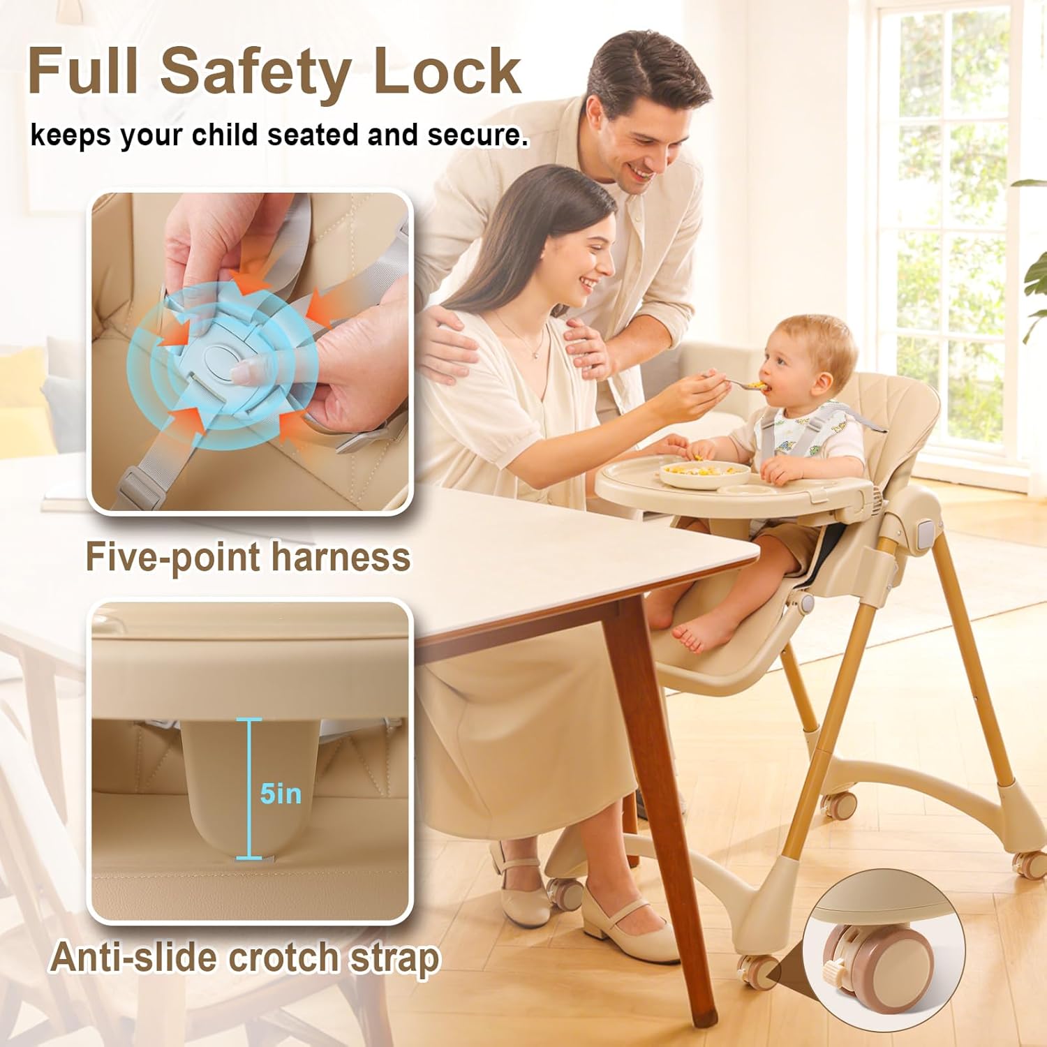 High Chairs for Babies and Toddlers, Foldable Baby High Chair with Wheels for Eating, 6 in 1 High Chair with Removable Tray, Adjustable Backrest and Height, Include 2 Bibs, Tool-Free Assembly