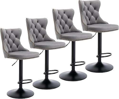 Miniatura 28 de Aoowow Juego de 2 taburetes de bar giratorios ajustables con respaldo de terciopelo copetudo, sillas de bar modernas tapizadas con cabeza de clavo