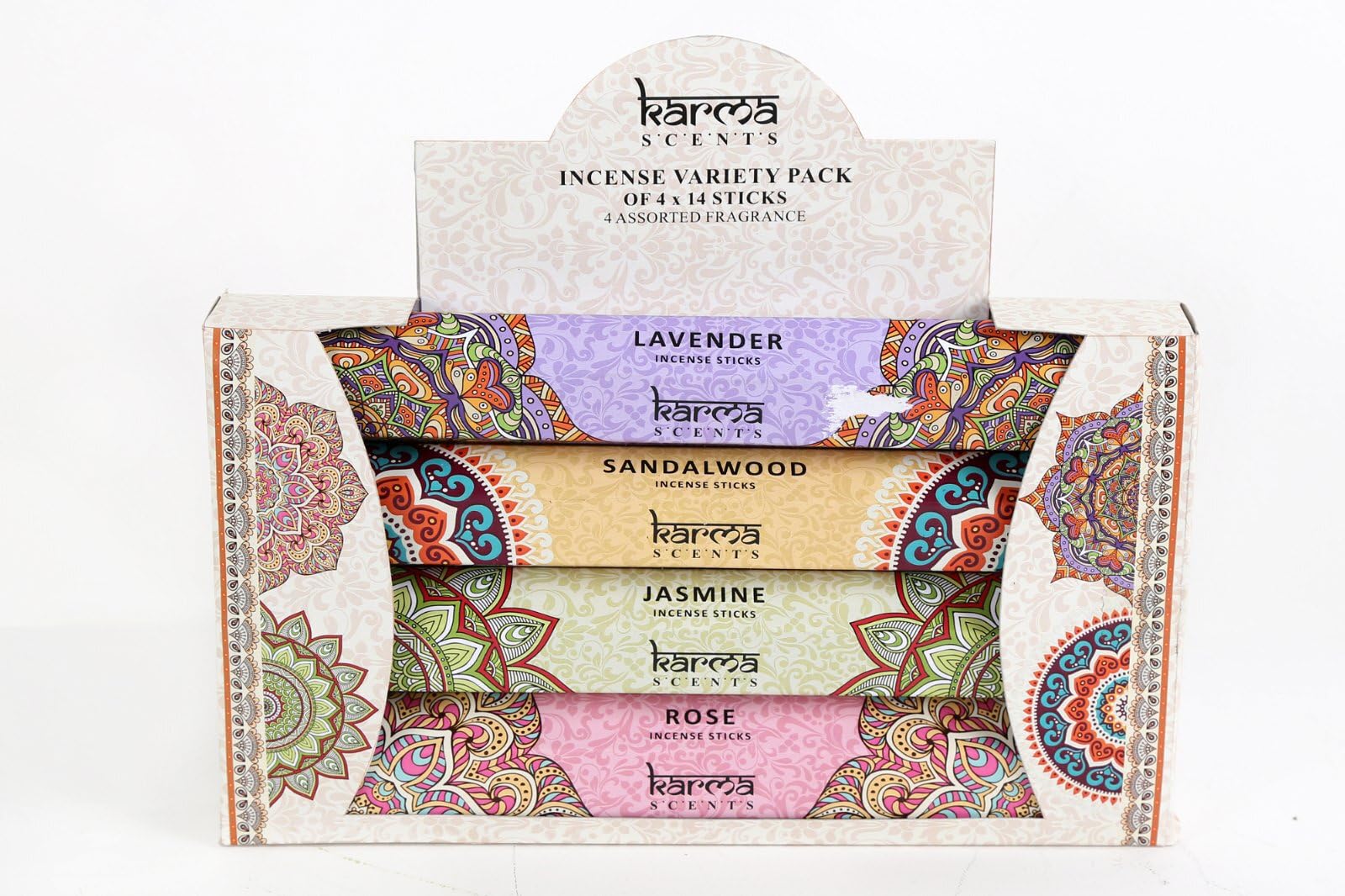 KARMA INCENSE VARIETY PACK 4 X 14 STICKS SCENTS ARE JASMINE-ROSE-SANDLAWOOD- LAVENDER