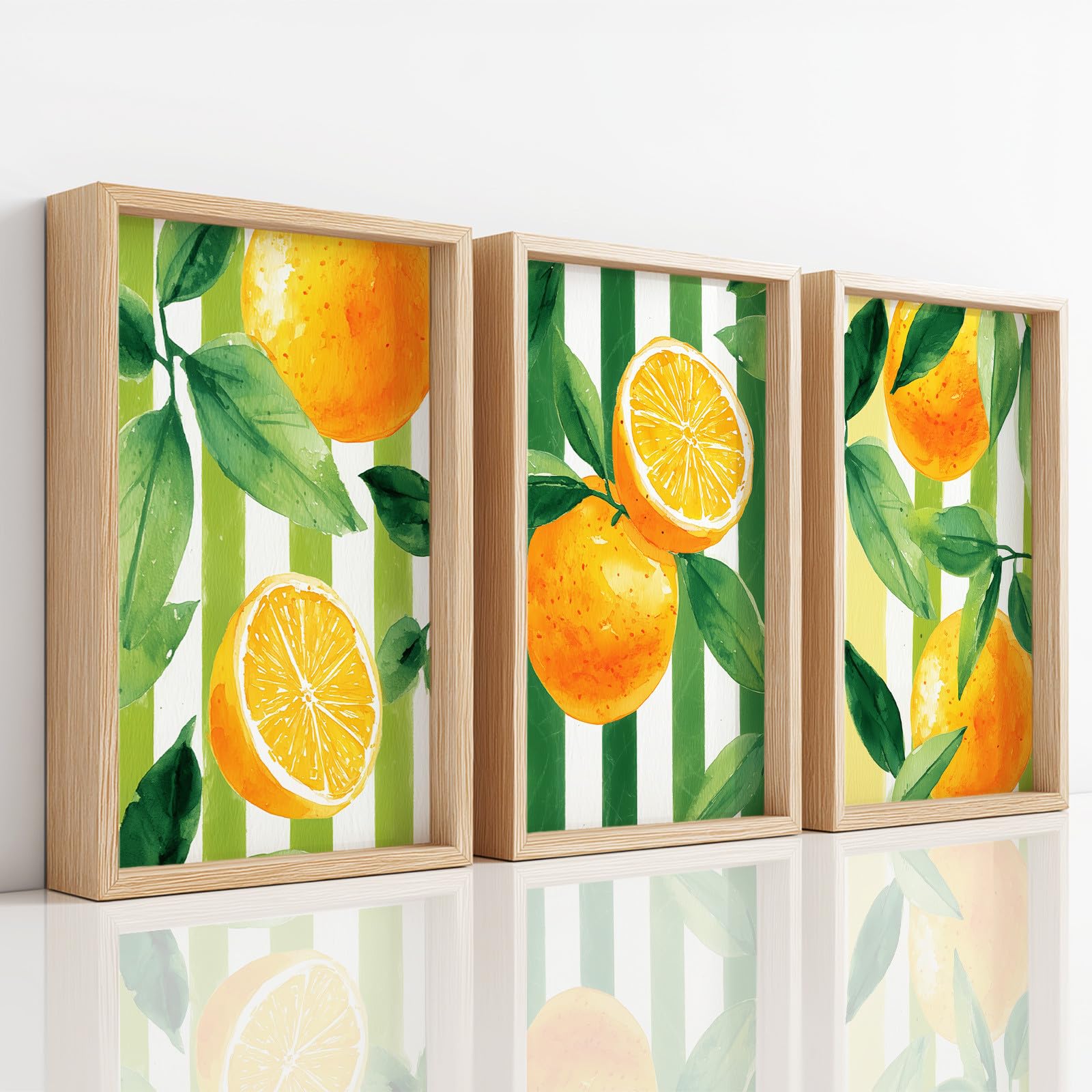 3-teiliges Wandbild Leinwand Set 50 x 70 cm, Ohne Rahmen Triptychon Ästhetische Kunstdrucke Frucht Streifen für Wohnzimmer & Schlafzimmer, Mediterran Orange Zitrus Sommer Hell Frisch