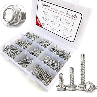 410 Stainless Steel Self Tapping TEK Screws Assortment,380 pcs #8#10#12 Hex Head Self Drilling Screws for Metal,Length 1/2