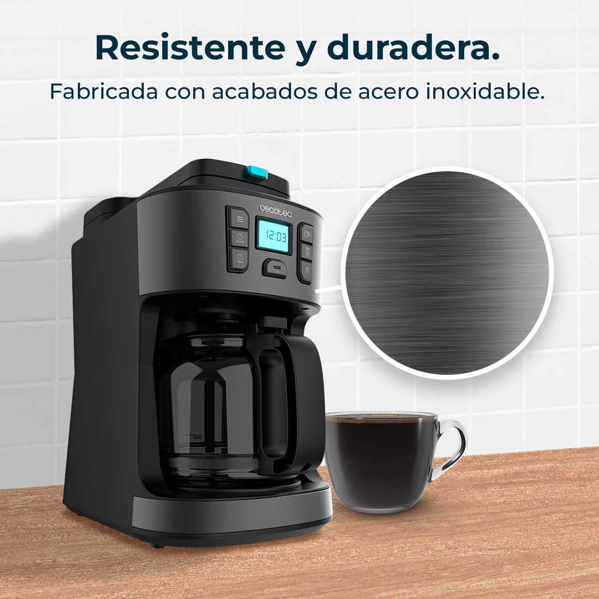Cecotec Cafetera de Goteo Coffee 66 Grind & Drop Essential. 1086W, Molinillo de Cuchillas, Hasta 12 Tazas, Tecnología Extremearoma, Cafetera de Goteo Digital, Acero Inoxidable, Apagado Automático