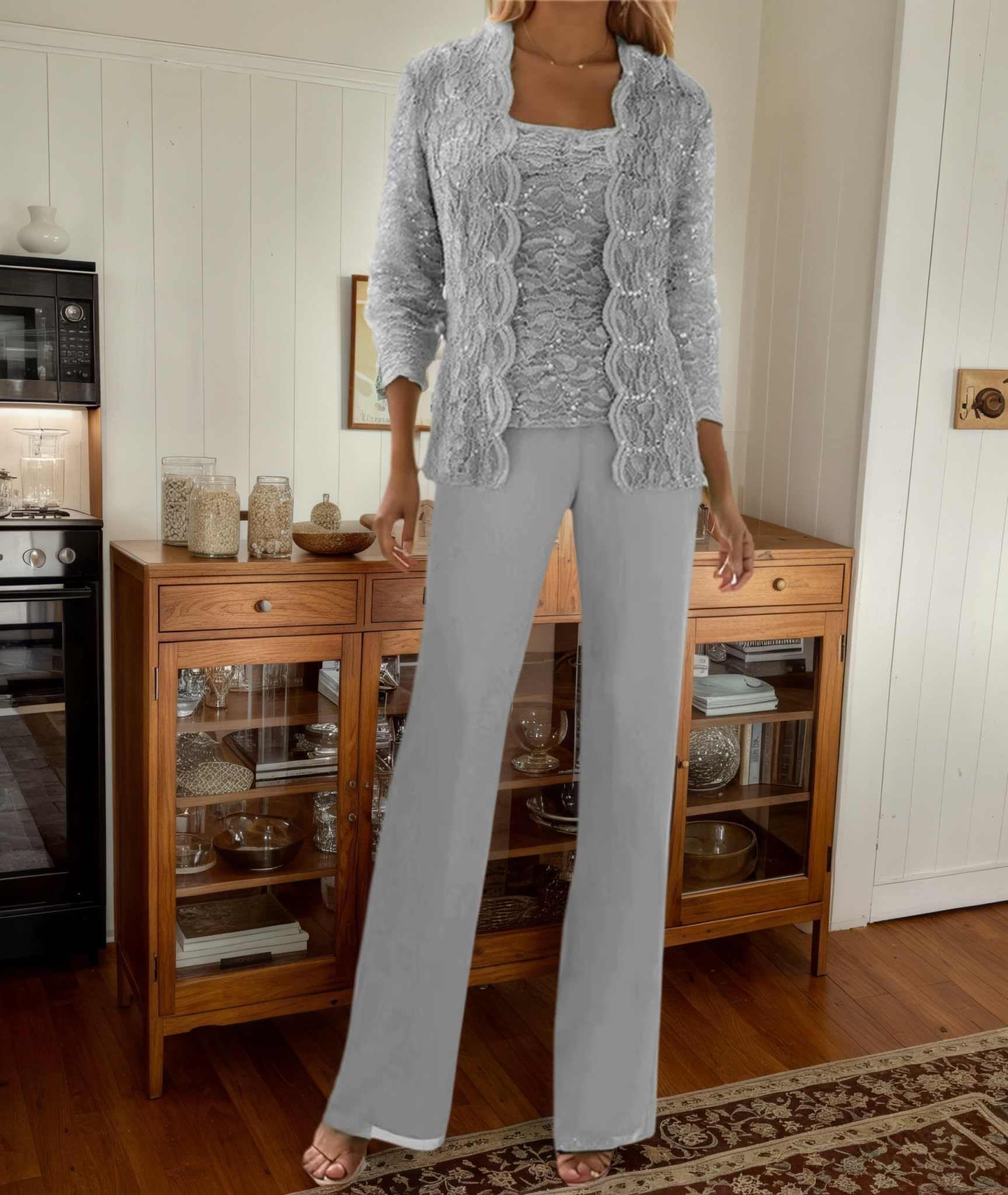 3 Teilig Chiffon Hosenanzug Damen Festlich Elegant - Spitze Pailletten Brautmutterkleider Große Größe Langarm Festlich Formelle Abendanzüge Sets