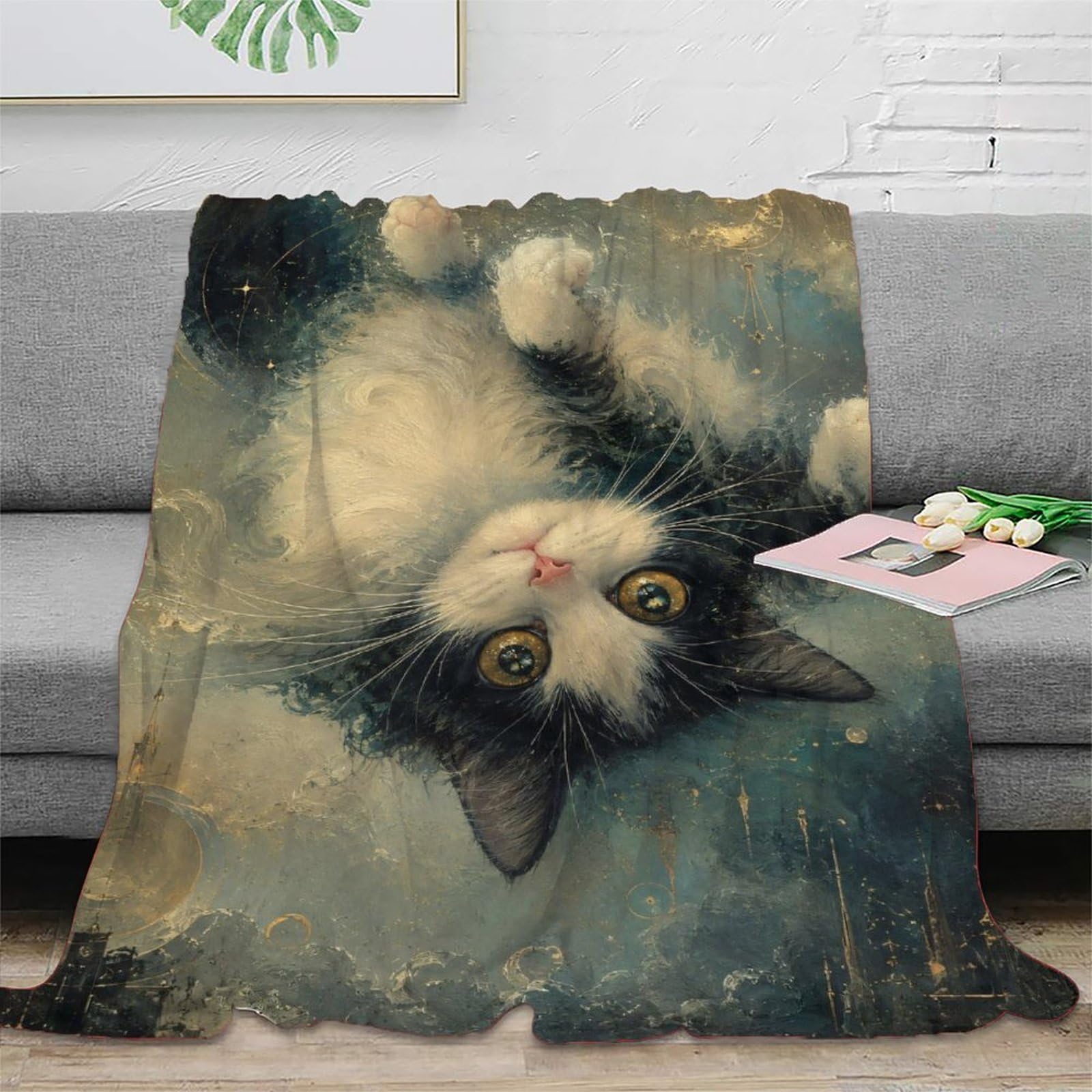 H3B8U2Y5 Upside Down Cat Moonlit Throw Blanket, Flannel, Whimsical Cat Art