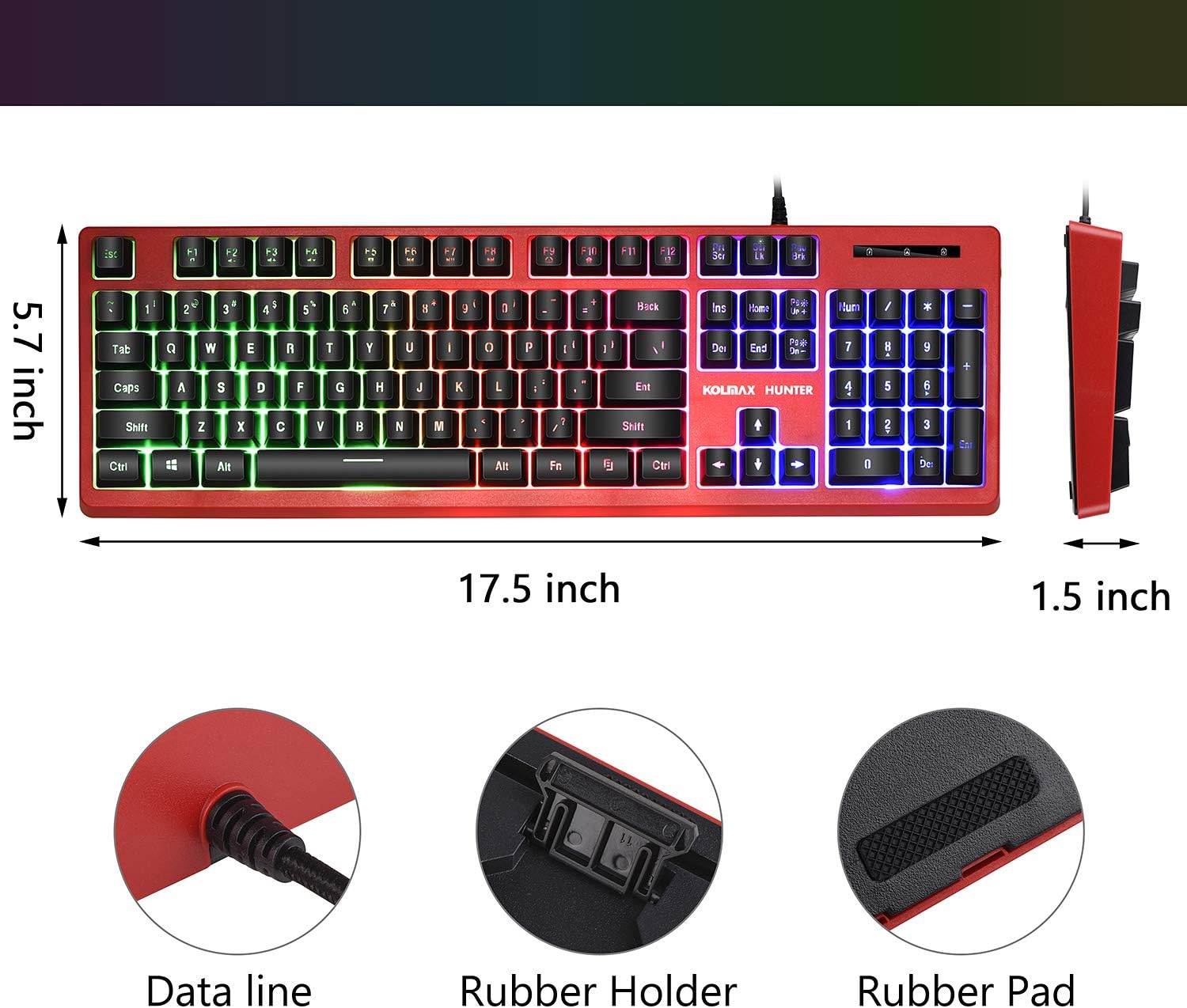 KOLMAX Gaming Keyboard,Rainbow LED Backlit Quiet Keyboard for Office, USB 12 Multimedia Keys,19 Keys Anti-ghosting Computer Office Keyboard 104 Keys for Windows PC Mac Gaming RED