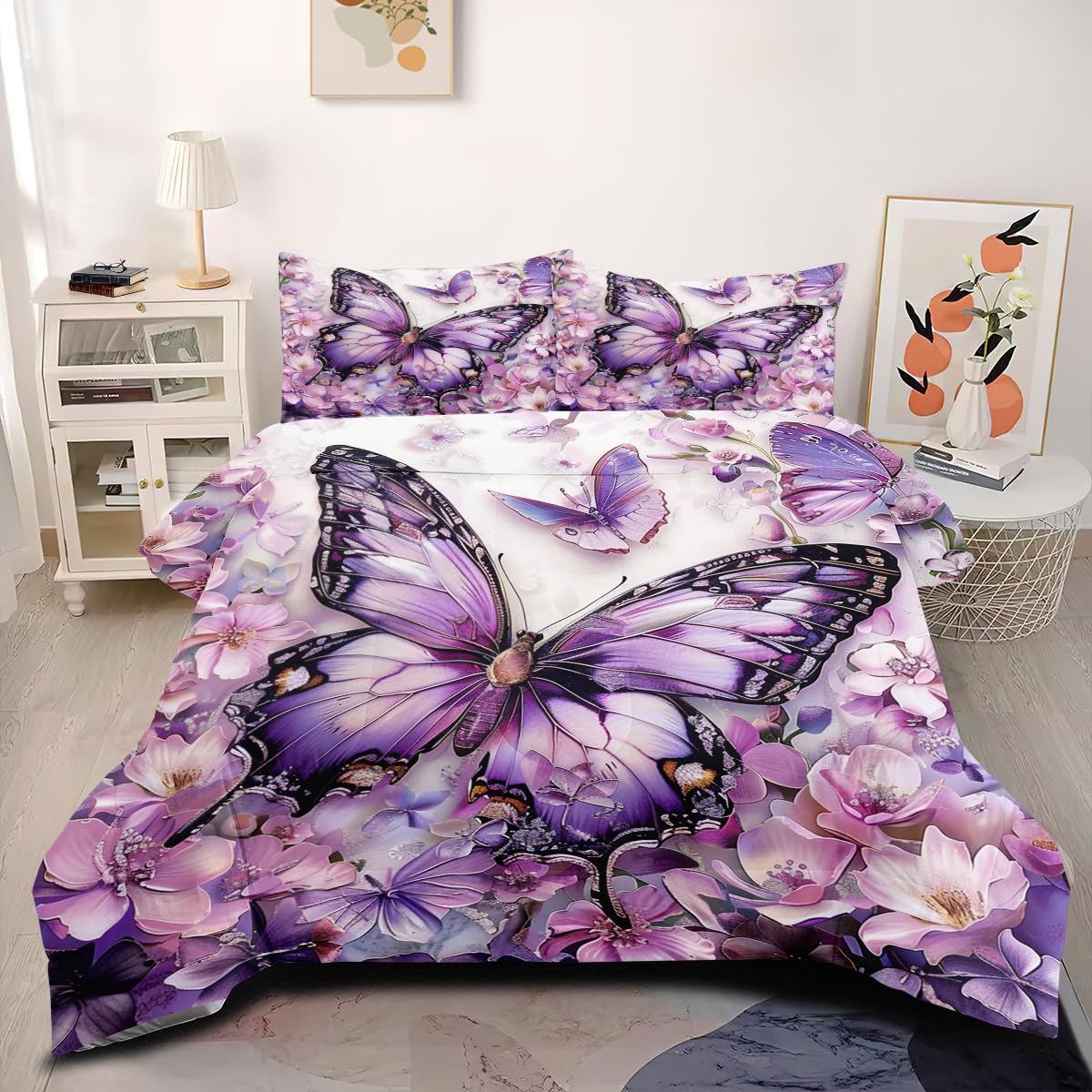 Purple Butterfly Comforter Set Queen Size Flowers Butterfly Bedding Set Chic Botanical Floral Comforter Sets Unique Animal Bed Set Soft Lightweight Comforter for All Season(Gilrs Women)