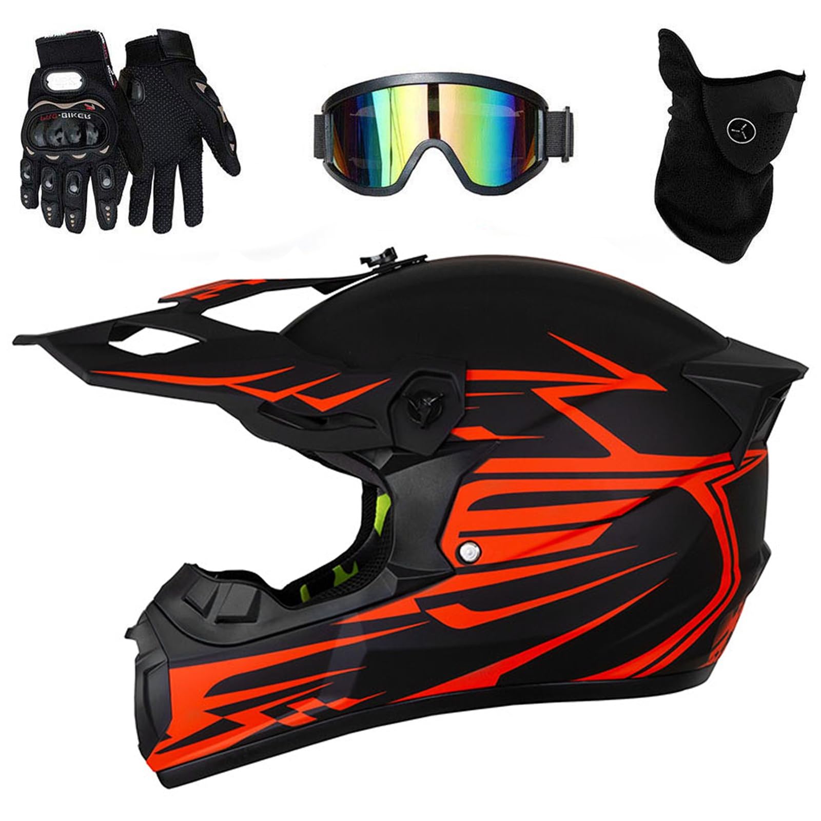Kinder Motorradhelm Downhill Set - Leichter Vollvisierhelm mit stylischem Heckflügel-Design, Belüftung + Brille+Handschuhe für Jungen/Mädchen (MTB/BMX/Enduro)(As red,S(52~53cm))