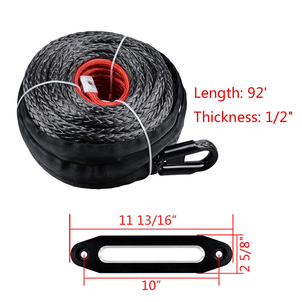 AMOPACORP 92 feet x 1/2 inch Durable Synthetic Winch Rope Line Cable with Protective Sleeve and 10 inch Black Chrome Aluminum Hawse Fairlead