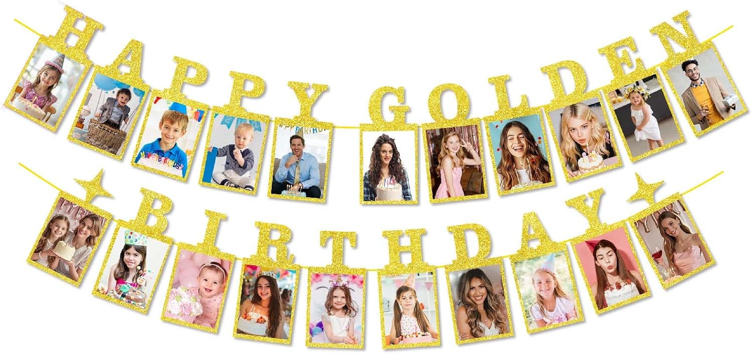 Pre-Strung Happy Golden Birthday Photo Banner Party Decorations