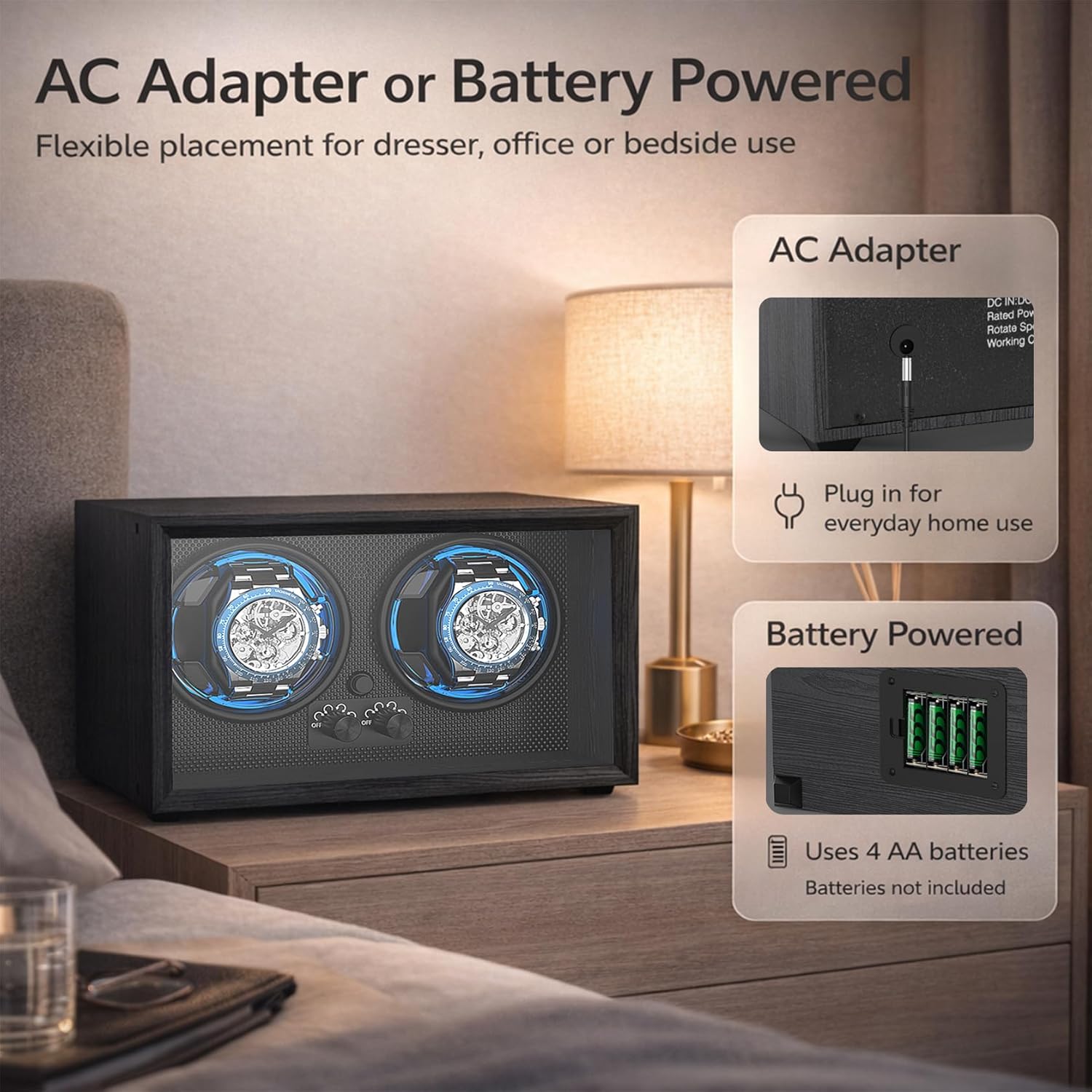 ALTIUS Watch Winder for Automatic Watches,Automatic Double Watch Winder Box with Super Quiet Motor and Blue LED,4 Rotation Modes,2 Individual Controller,Battery Powered or AC Adapter,Gift for Man