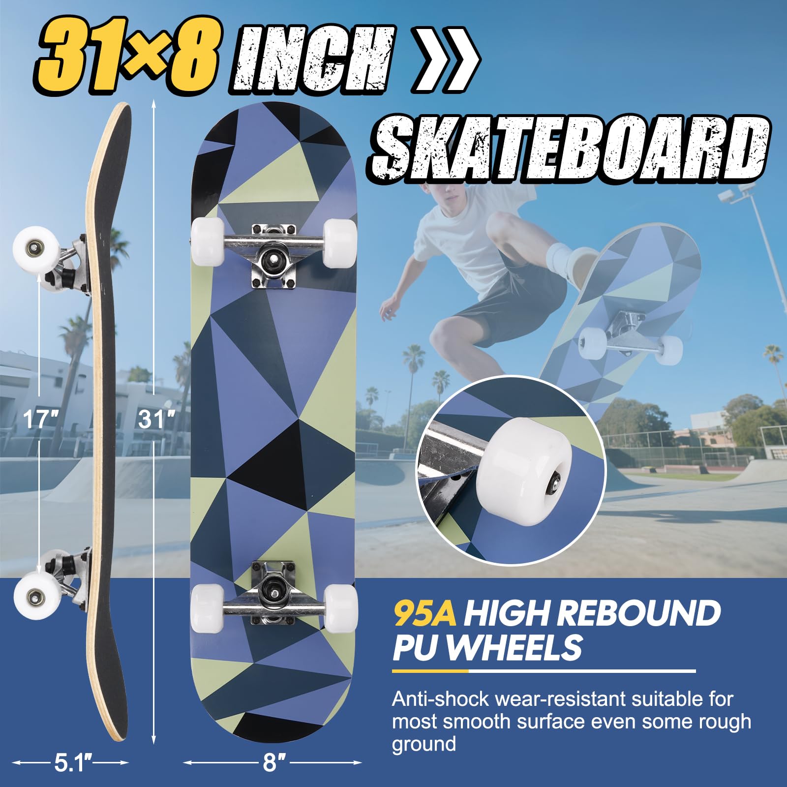 Patinetas para principiantes, adultos, jóvenes, adolescentes, niños, niñas y niños, 31 pulgadas, Tablero Tablas de Patinaje Completas, 7 capas, arce canadiense, doble patada cóncava (jóvenes)