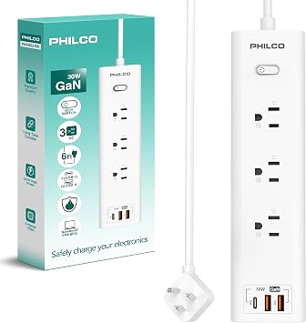 Power Strip with 3 AC Outlets, 30W USB-C Port, 2 USB-A Ports & 6ft Extension Cord LED Indicator, Fast Charging for Laptops, Phones & More Compact Design for Home, Office & Travel