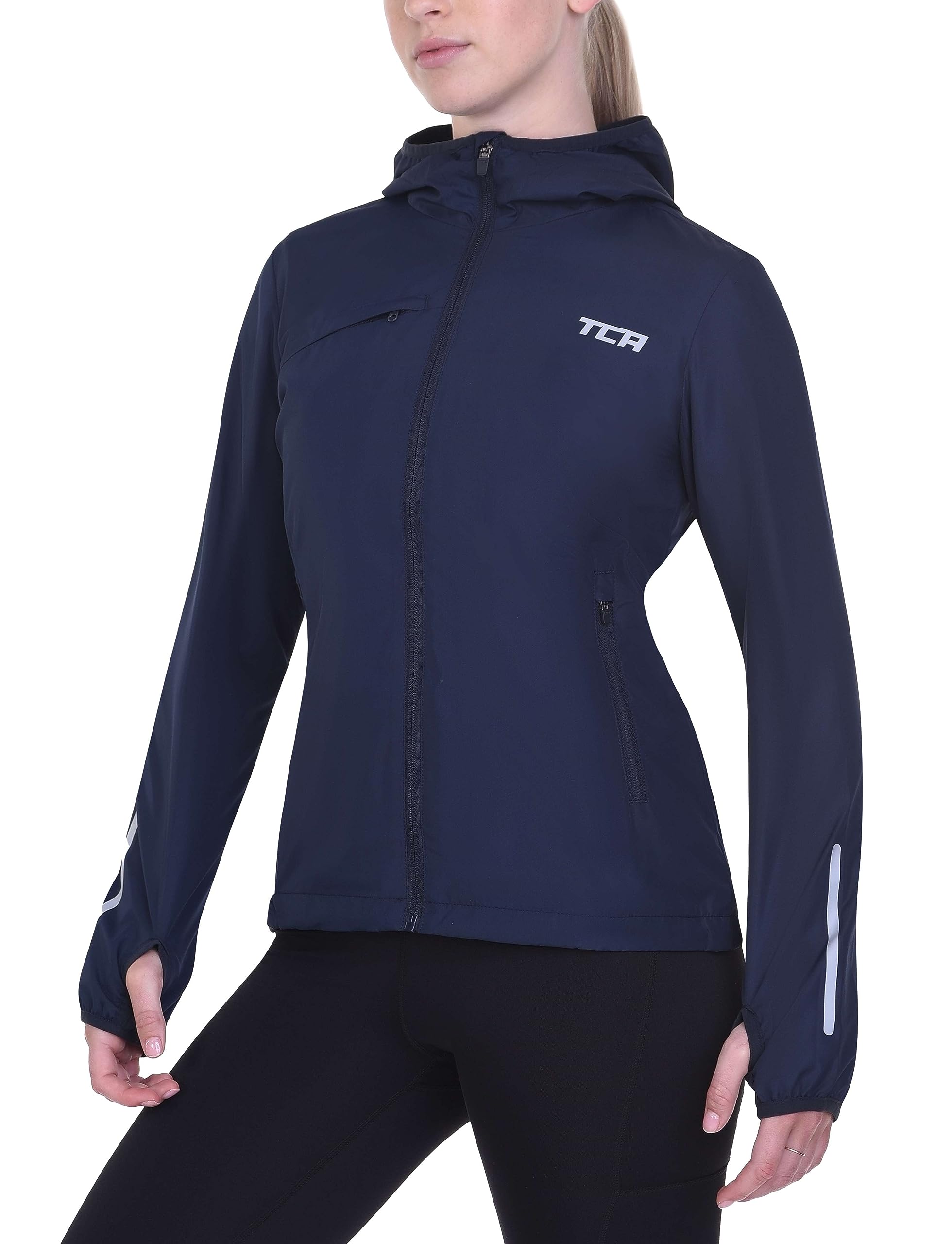 Tca Women's Navy Blazer Running Softshell Jacket. Reflective Breathable Packable Jacket With Zip Pockets - Xs