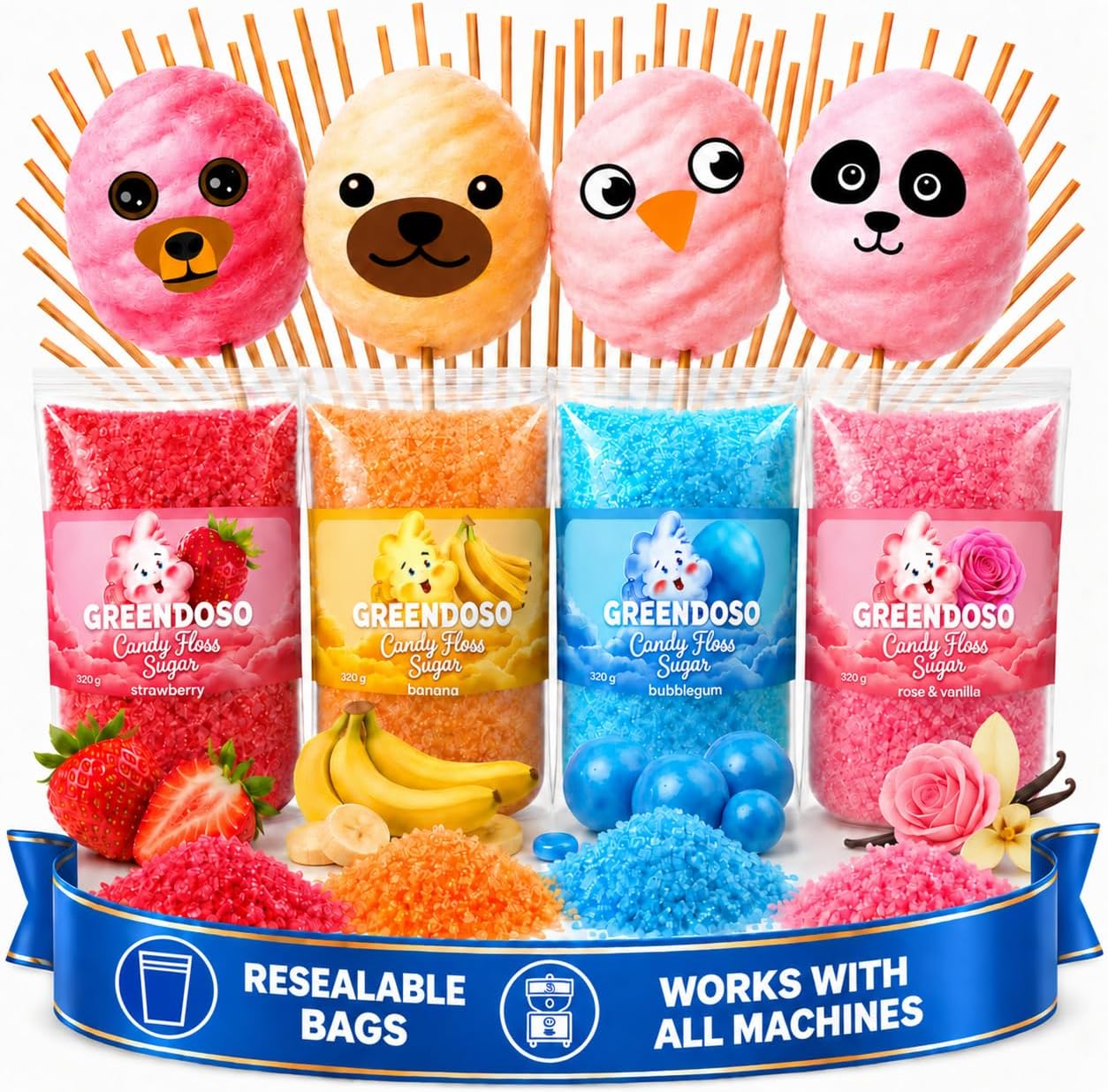 GREENDOSO® Candy Floss Sugar for Machine 4x320g, 50 Sticks - Cotton Candy