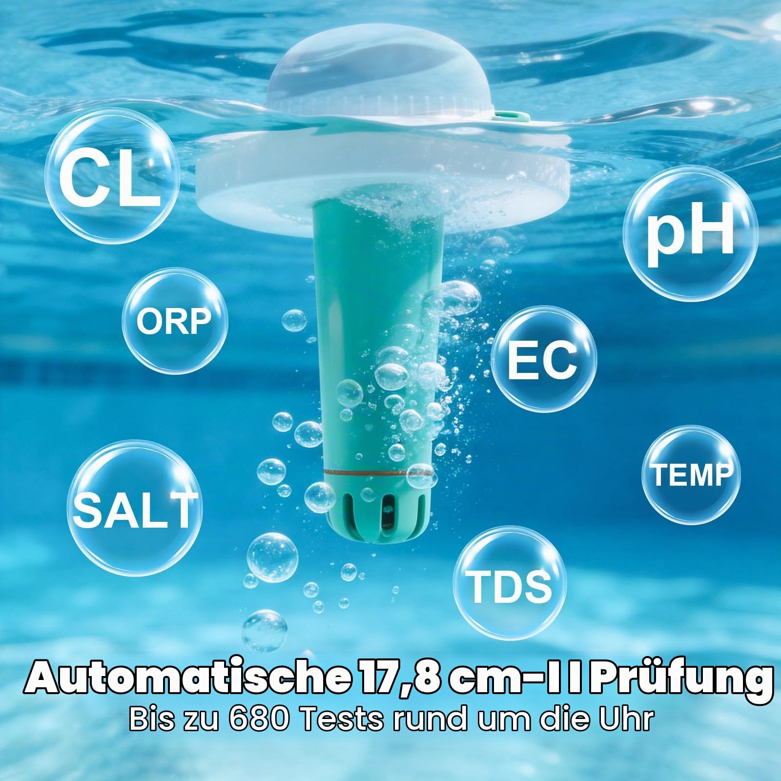 Upgrade Smart Pooltester Wiederaufladbar, 7-in-1 WLAN Wassertester mit App, Misst Chlor, pH, Salz, ORP, EC, TDS & Temperatur, Automatische Warnungen für Pool & Spa