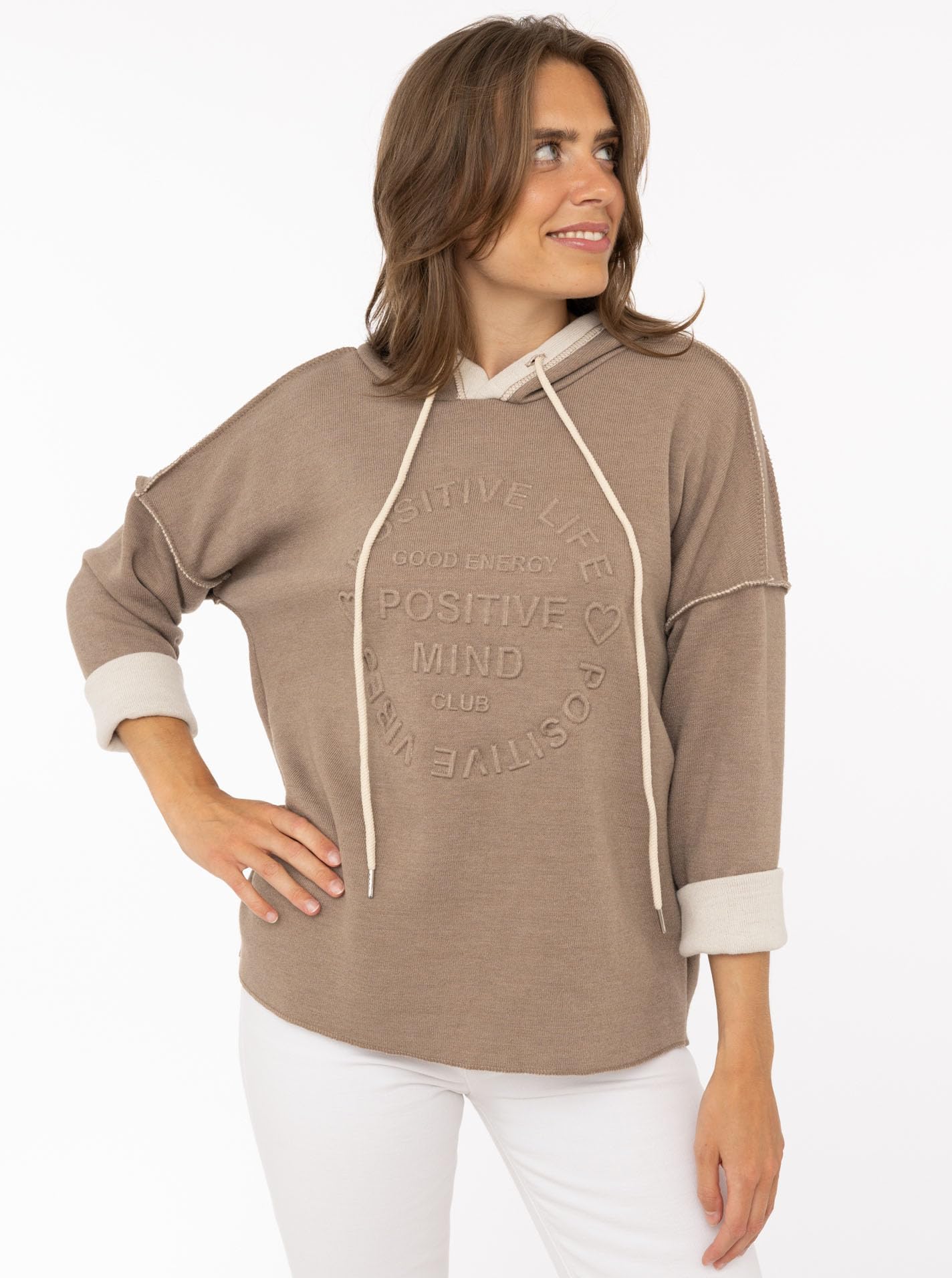 Zwillingsherz Double Face Hoodie Positive Mind - Hochwertiger Oversized Pullover für Damen Frauen – Kuscheliges weiches Sweatshirt mit Kapuze und Kordeln perfekt für Frühling Sommer Herbst Winter