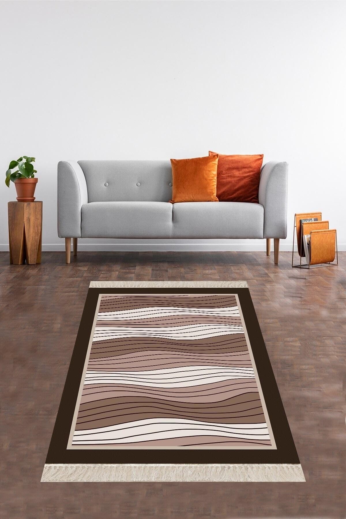 Pelangi Geometrik Çizgi Desenli Dijital Baskı Yıkanabilir Kaymaz Taban Etnik Kilim Desen Salon Halı, Kahverengi 80 x 200