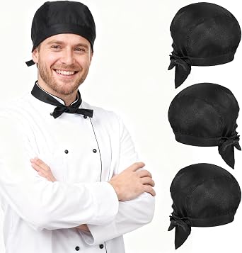 3 Pack Tie Black/White Chef Hats, Adjustable Chefs Hats for Adults | Chefs Bandana Skull Cap Breathable Cooking Hat for Men Women
