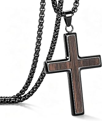 Wooden Cross Necklace for Men Stainless Steel with Ebony 24-26 Inch Adjustable Box Chain, Christian Jewelry Suitable for Everyday Wear Gifts for Him