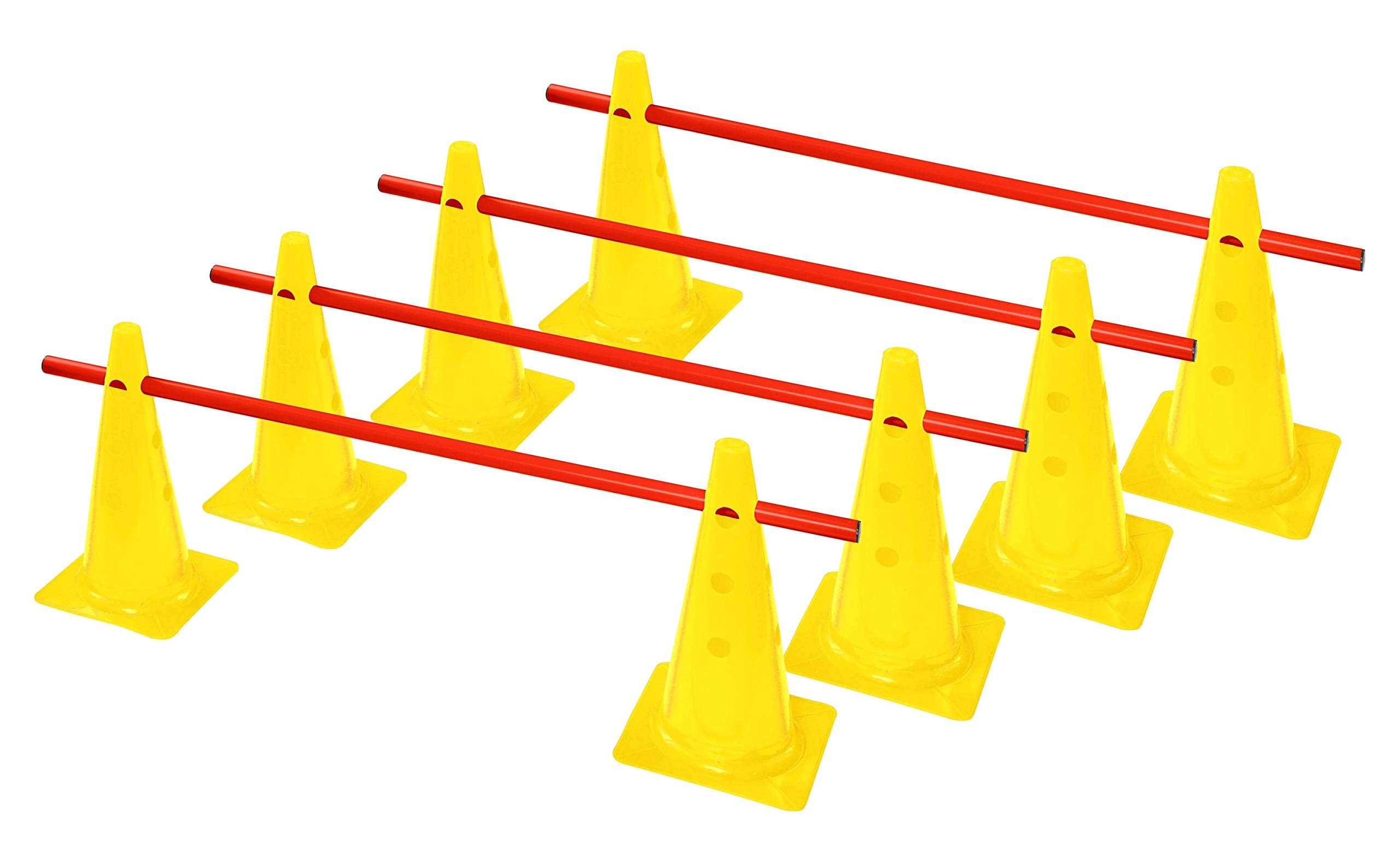 Kit Haies Rhinos Sports – 8 Cônes Jaunes 38 Cm + 4 Barres Rouges 1 M – Hauteurs Réglables – Pour Sports, Équitation, Agilité Chien