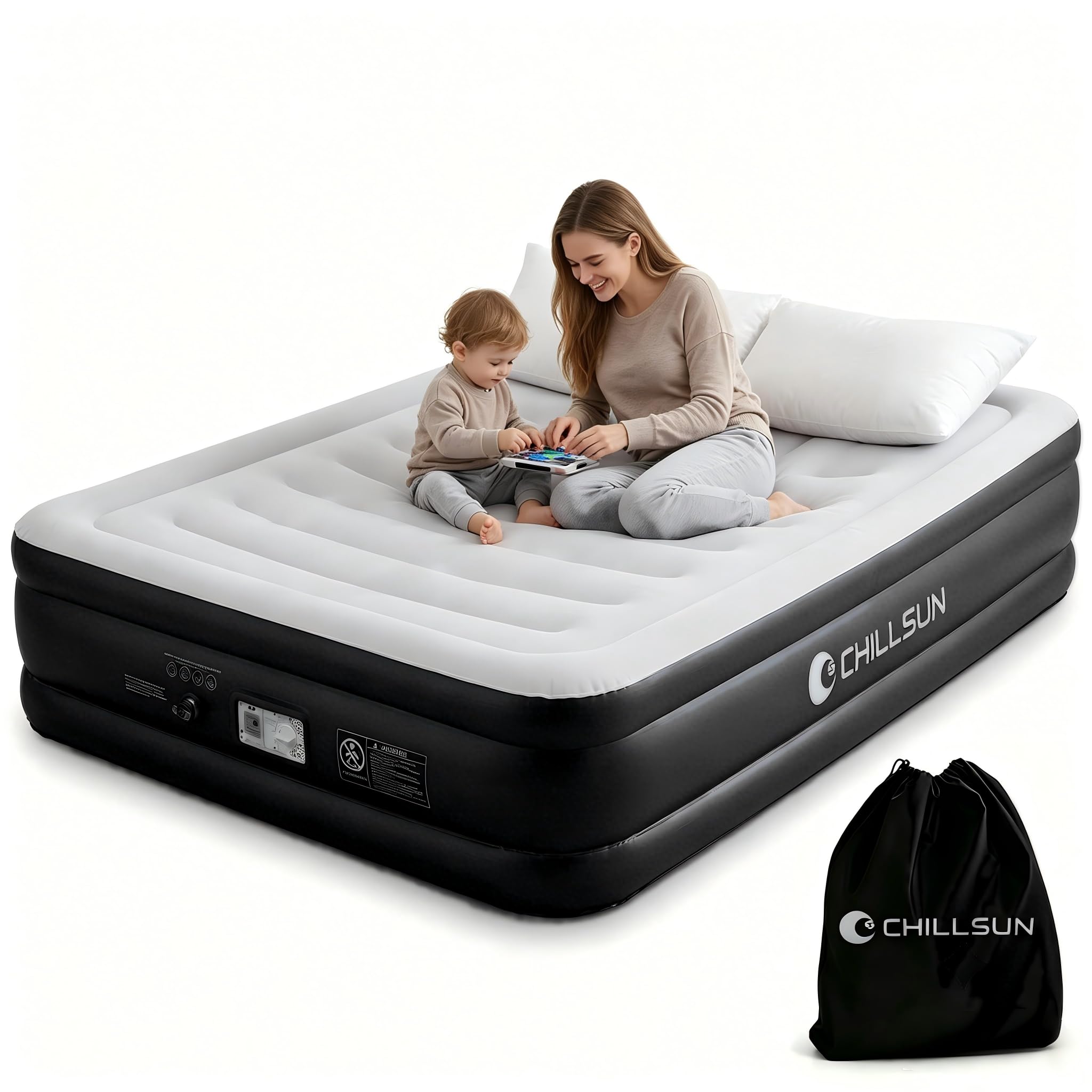 CHILLSUN Double Airbed, Inflatable Air Mattress with Built-in Pump, Flocked Surface Guest Blow Up Bed for Home & Camping 190cm L x 135cm W x 46cm H