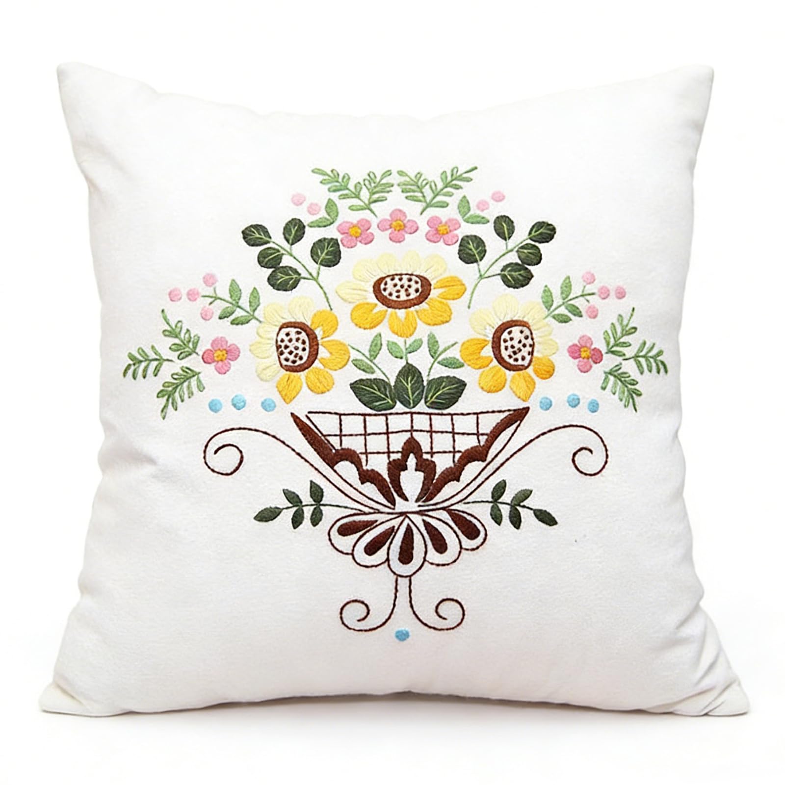 Embroidery Kit Pillowcase Hand Embroidery DIY Kit Cross Stitch Cushion Kit Starter Kits Set With Flower Patterns Pillowcase Embroidery Hoop Sewing Craft Threads Instruction for Adults & Beginners