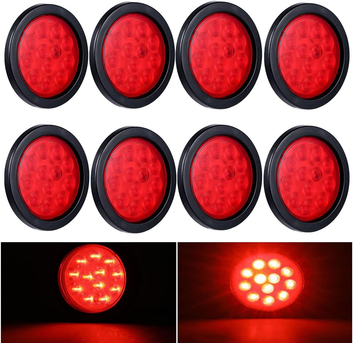 4inch Round Red LED Trailer Tail Lights ( Pack of 8 ) Grommet Plug Included Stop Turn Signal Lights for Truck Trailer RV Boat Bus Waterproof