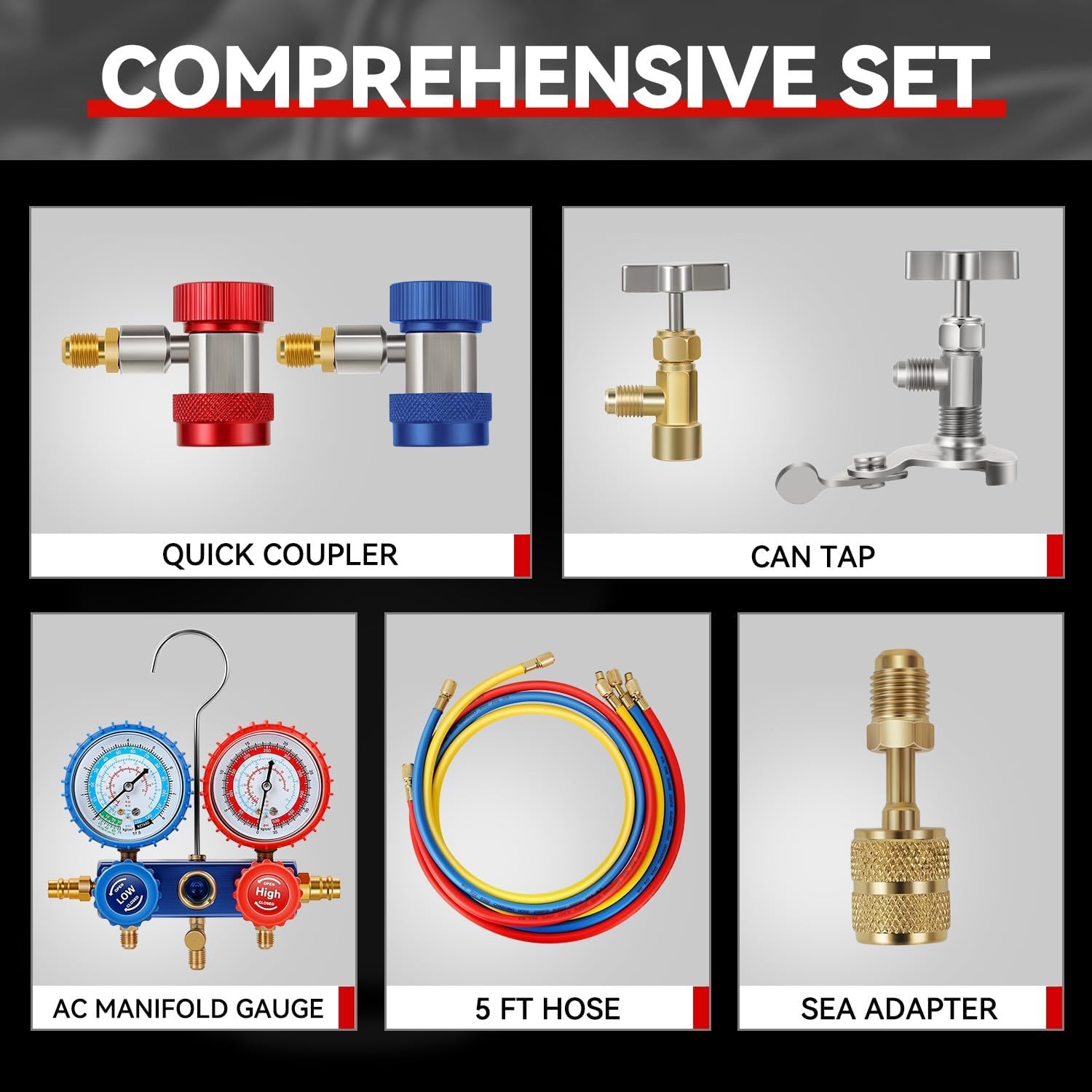 Auto Dynasty 3 Way AC Gauge Set Diagnostic Manifold Gauge Set Tools Kit Air Conditioning Line Repair Tools for R410 R22 R134A R404 Refrigerants Charging, Red