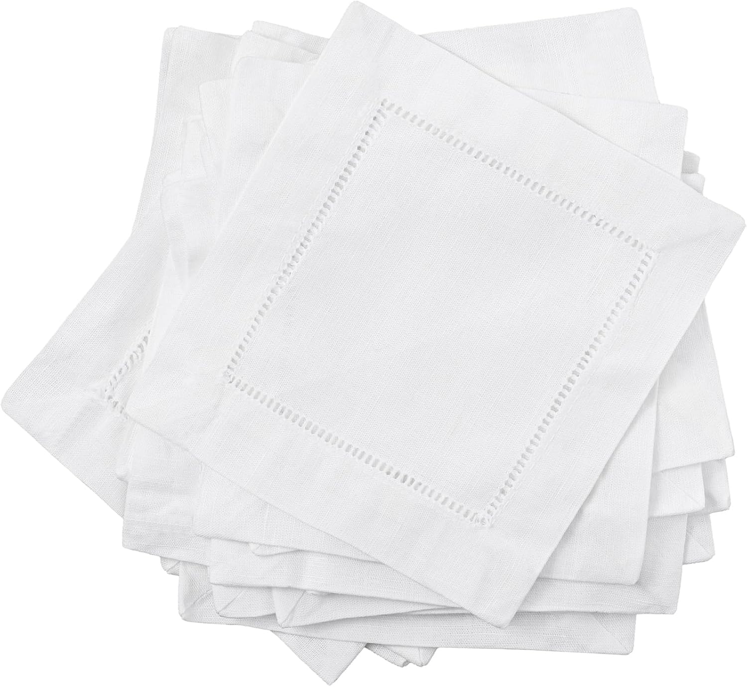 Moukeren Linen Cocktail Napkins 6 x 6 Inch - Washable Hemstitch Cloth Napkins, Natural Linen Beverage Cloth for Wedding, Bar, Birthday Party & Daily Use(White,36 Pcs)