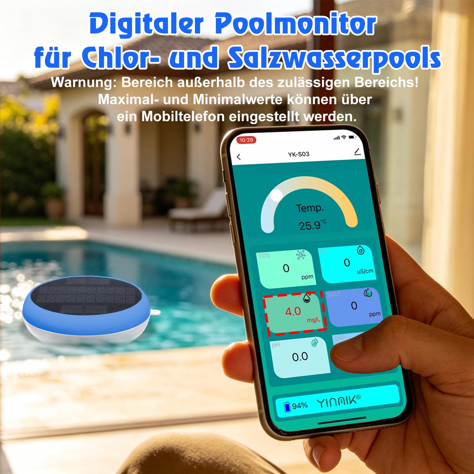 Intelligentes Pool Chlor pH Messgerät, Chlor Monitor mit Solarbetrieb, Digitales pH Salz Messgerät für Salzwasserpools, YINMIK 7 in 1 pH Chlor Salz ORP EC TDS Temp Meter für Außenpool Whirlpool Spa
