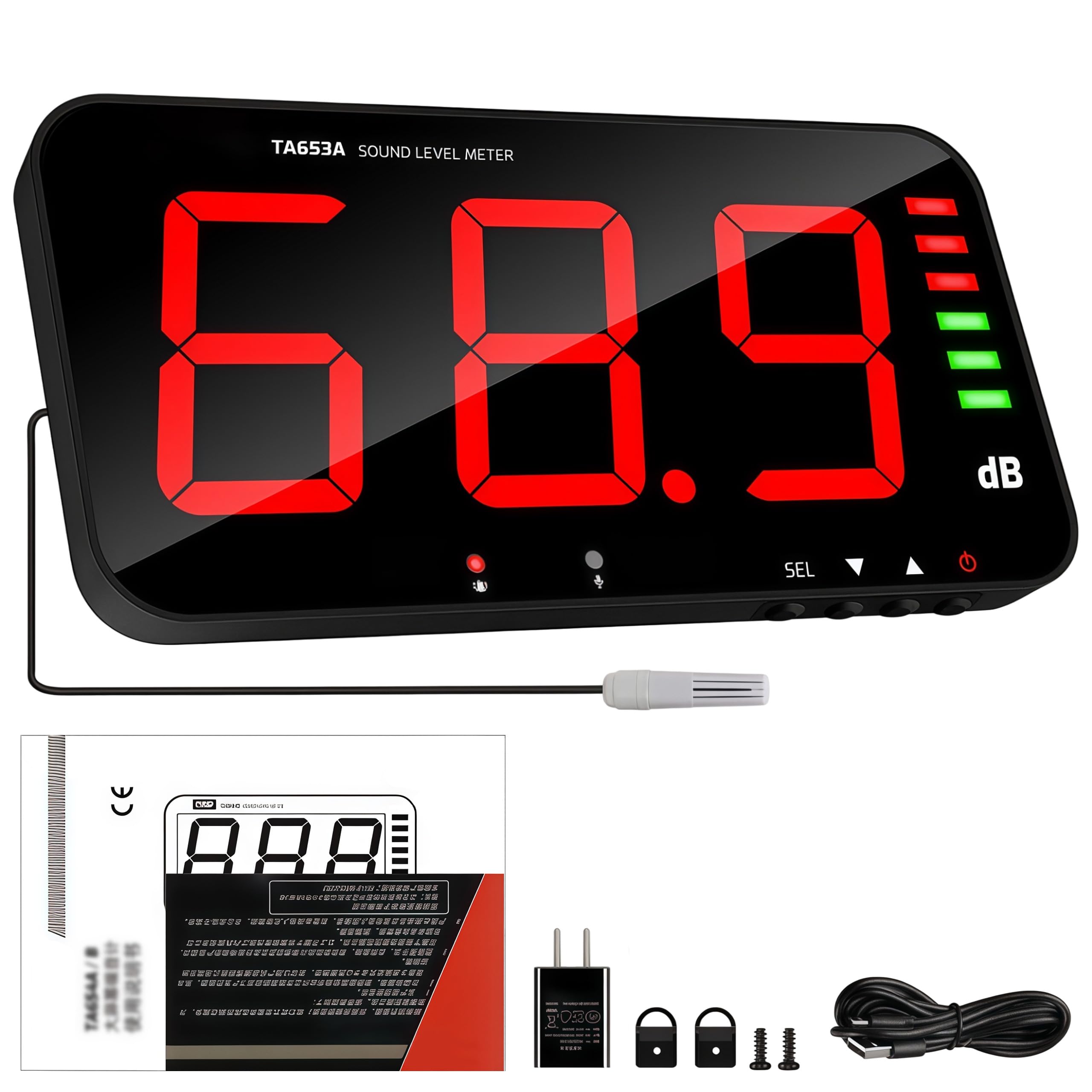 Dezibelmessgerät 13 Zoll, 30-130 DB Digitaler Schallpegel-Messgerät mit Großem LED-Display, Akustischer und optischer Alarm, Computerkommunikations und Datenspeicherfunktionen für Schulen, Büros