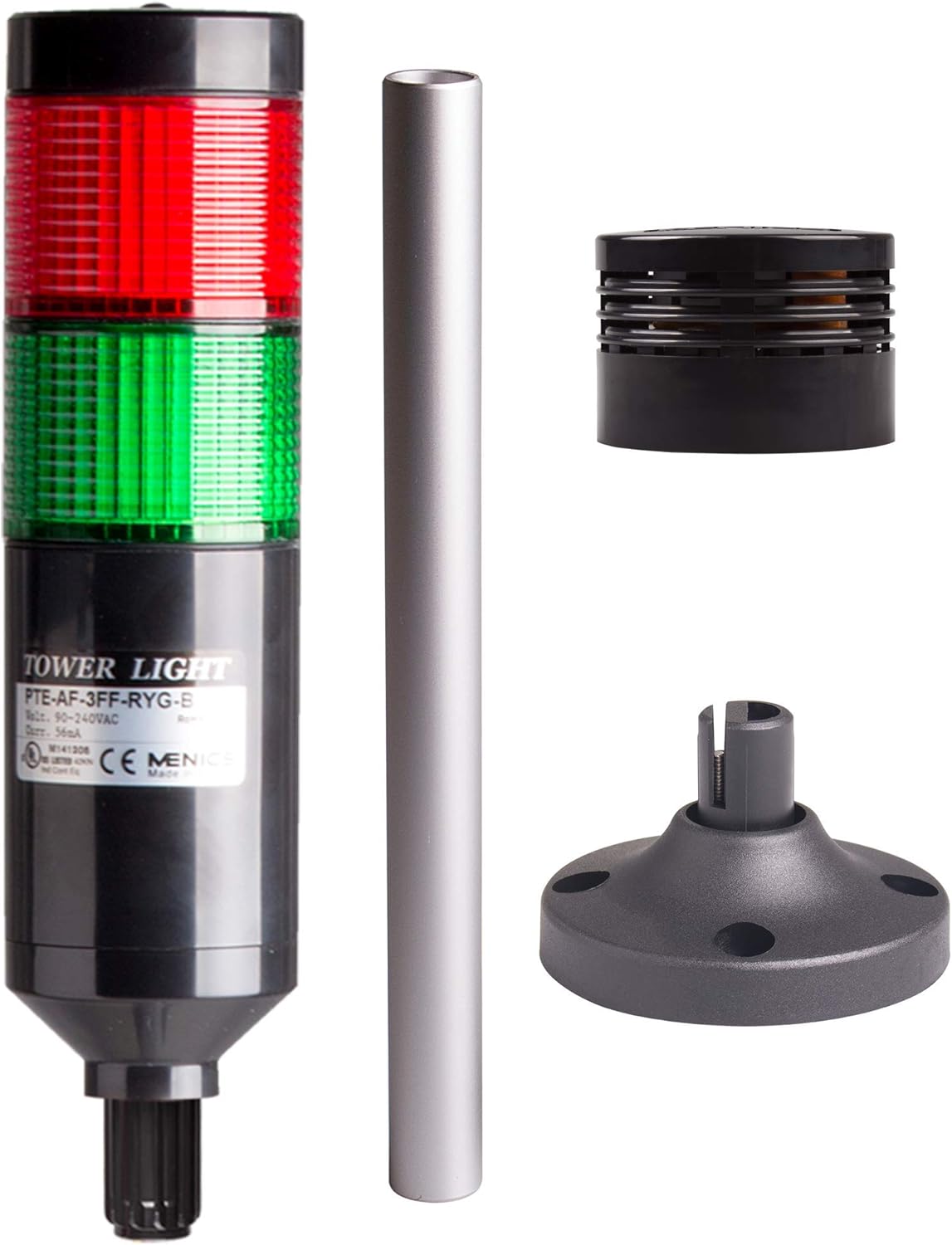 PTE-APZ-202-RG-B, Tower Light Kit, 56mm Modular LED, Red/Green Lens 2 Stacks, Steady/Flash, Black Body, 25" Lead Wires, 24 VAC/DC, Including 240mm Aluminum Pole + Plastic Base + 80dB Buzzer