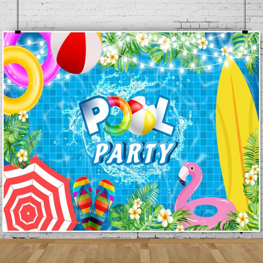 Summer Pool Party Backdrop 12x10ft Tropical Leaves Flower Swimming Pool Backdrops for Photography Background Pool-Theme Birthday Party Decorations Studio Photo Booth Props