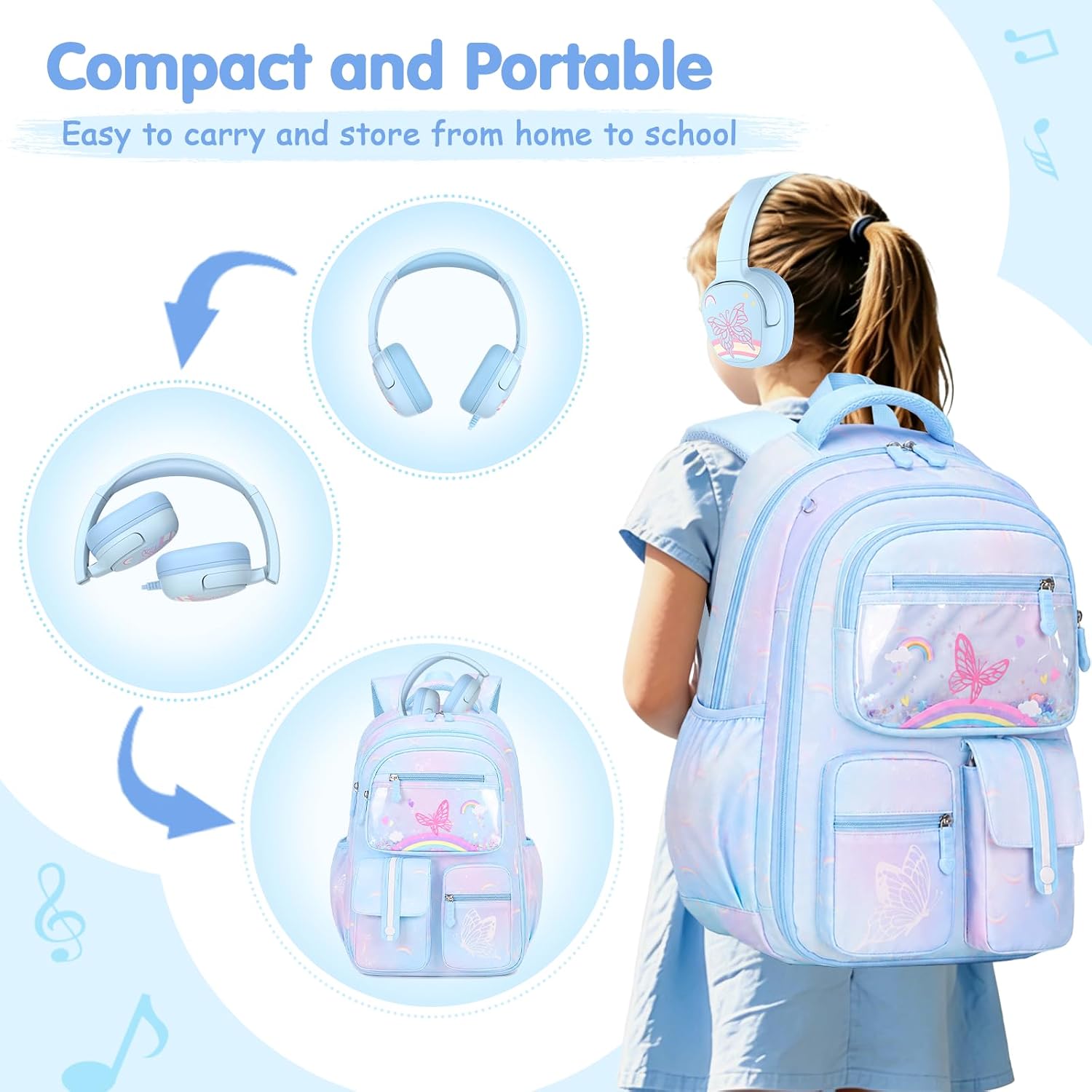 ACESAK 4PCS Rainbow Backpack for Girls with Lunch Bag & Headphones,Blue image 5
