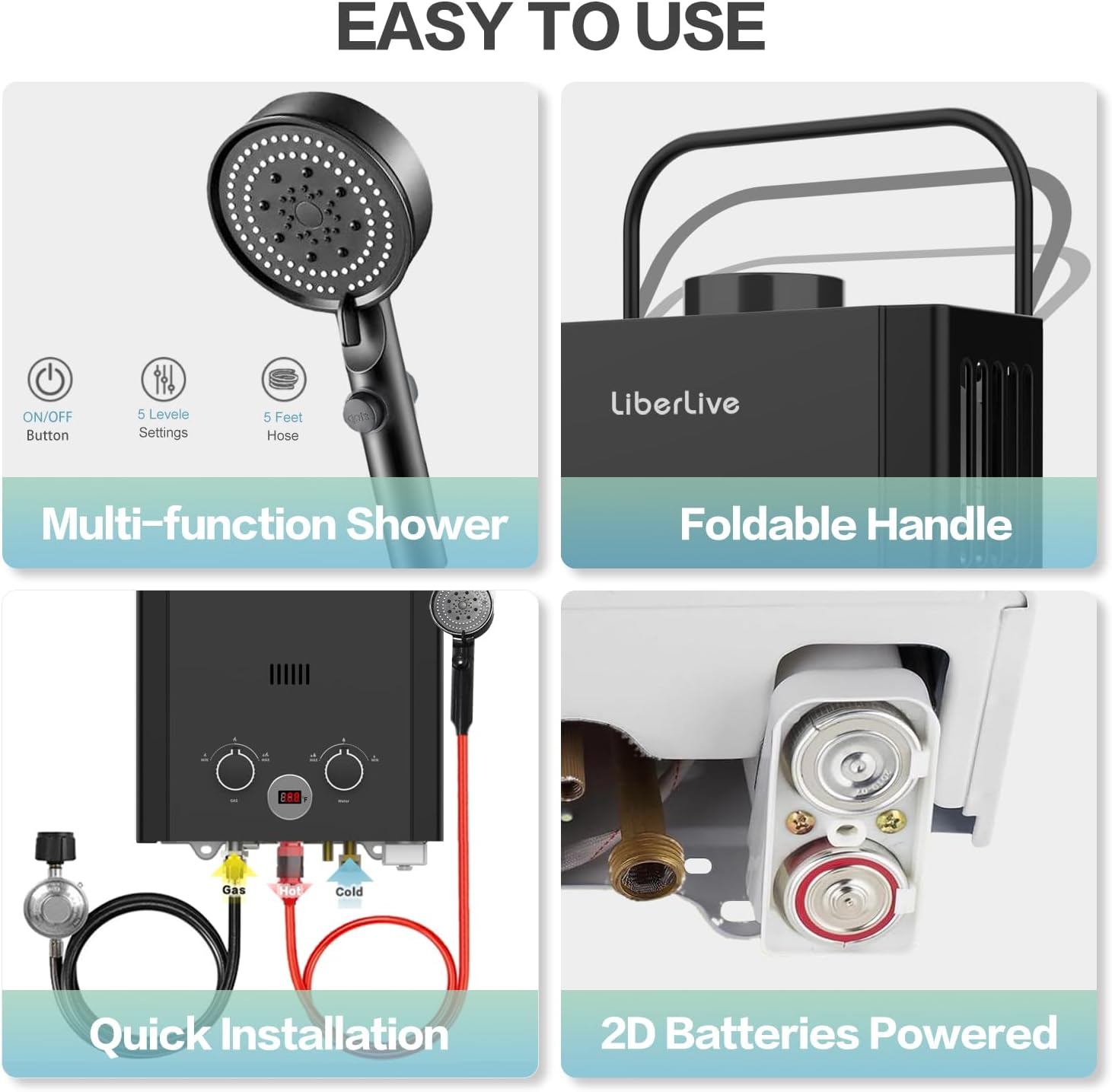 Key features of the water heater: multi-function shower, foldable handle, quick installation, and 2D battery power.